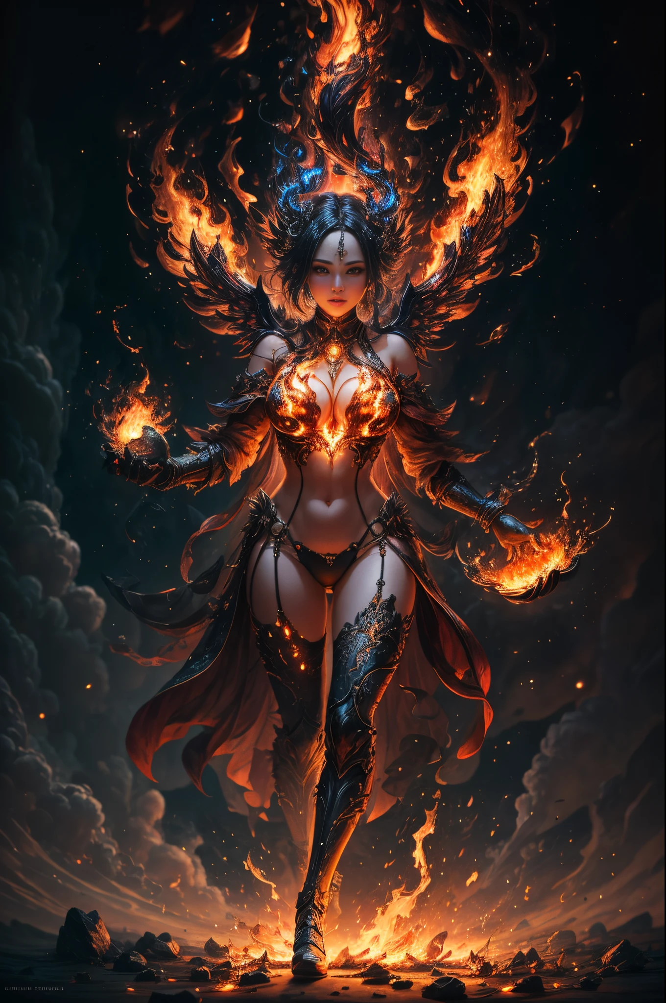 (extremely detailed 8k wallpaper) ,a full body portrait shot photo of a anime scene of a demonic sorceress conjuring fire, various burning chains around her, seductive body,tall body, mature body, busty breasts, BREAK burning aura, fire balls, orange and yellow spark dazzling around, small phoenix flying in the background, lava on the ground, magma, BREAK,Detailed,Realistic,4k highly detailed digital art,octane render, bioluminescent, BREAK 8K resolution concept art, realism,by Mappa studios,masterpiece,best quality,official art,illustration,ligne claire,(cool_color),perfect composition,absurdres, fantasy,focused,rule of thirds