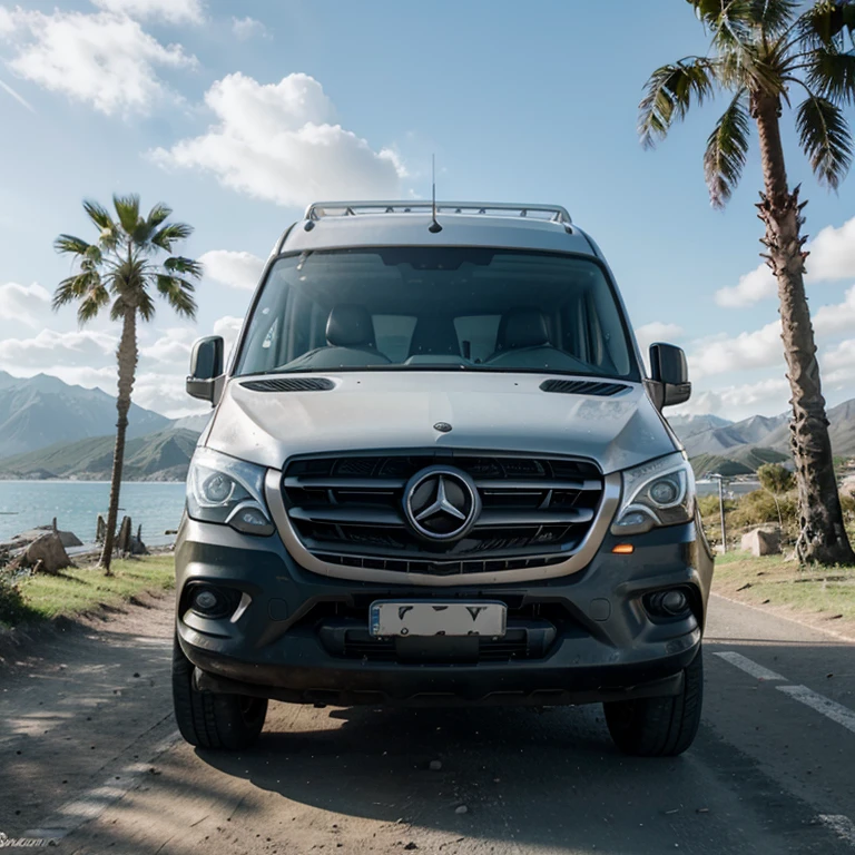 Offroad campervan, Mercedes Sprinter, the best quality, 4K, perfect girls, beautiful face, fit body, mountains, palm trees, sea, sunny day, very realistic, emotional