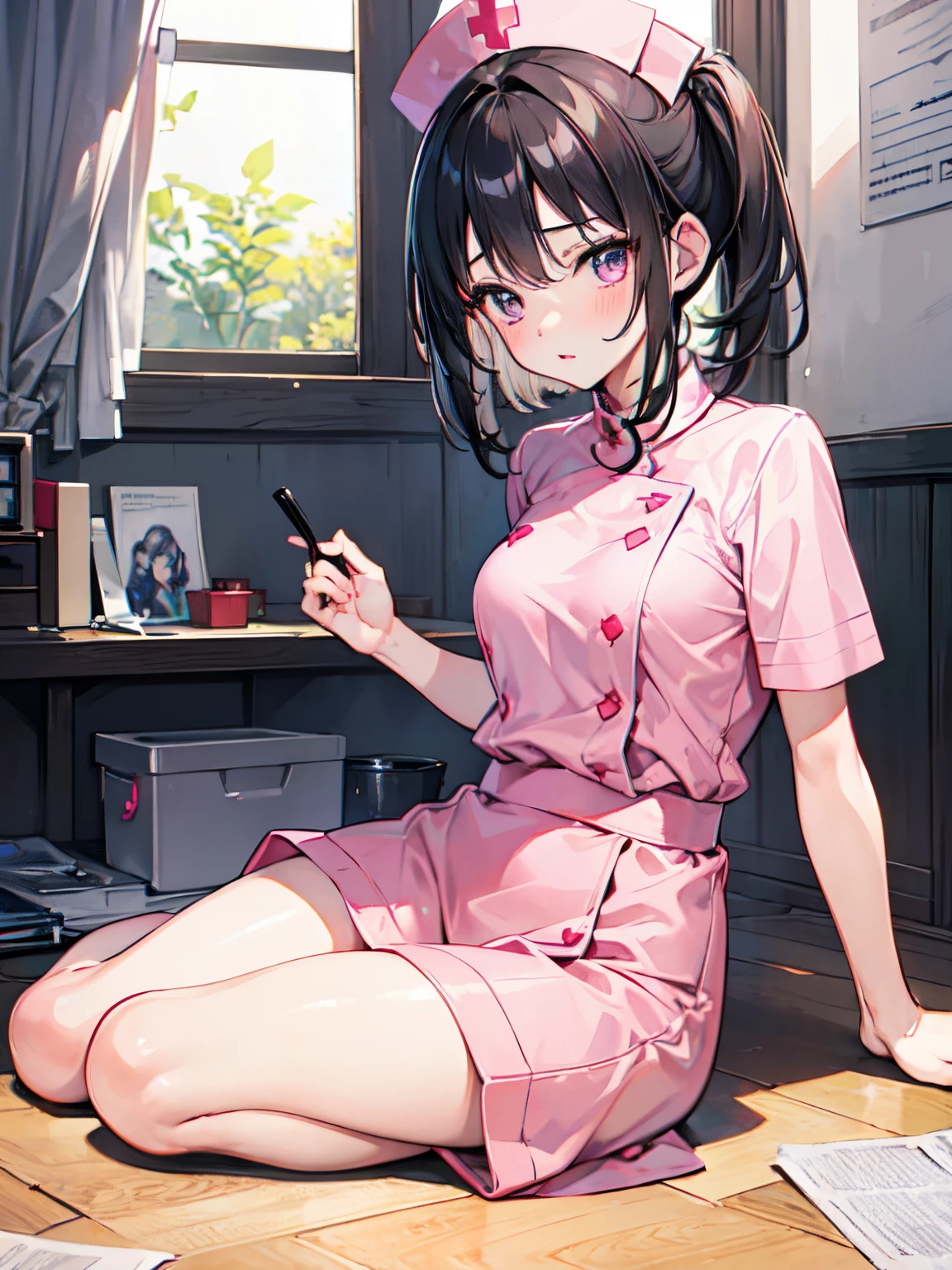 Best Quality, Ultra-detailed, GameCG, 1girl in, 10years old girl, A dark-haired, (short-cut:1.1),(half up:1.1), (small tits:1.1), (sexy pink nurse:1.2) , Eyes and faces with detailed, with blush cheeks, cool expression, Soft lighting, Full-body angle, athletic field,