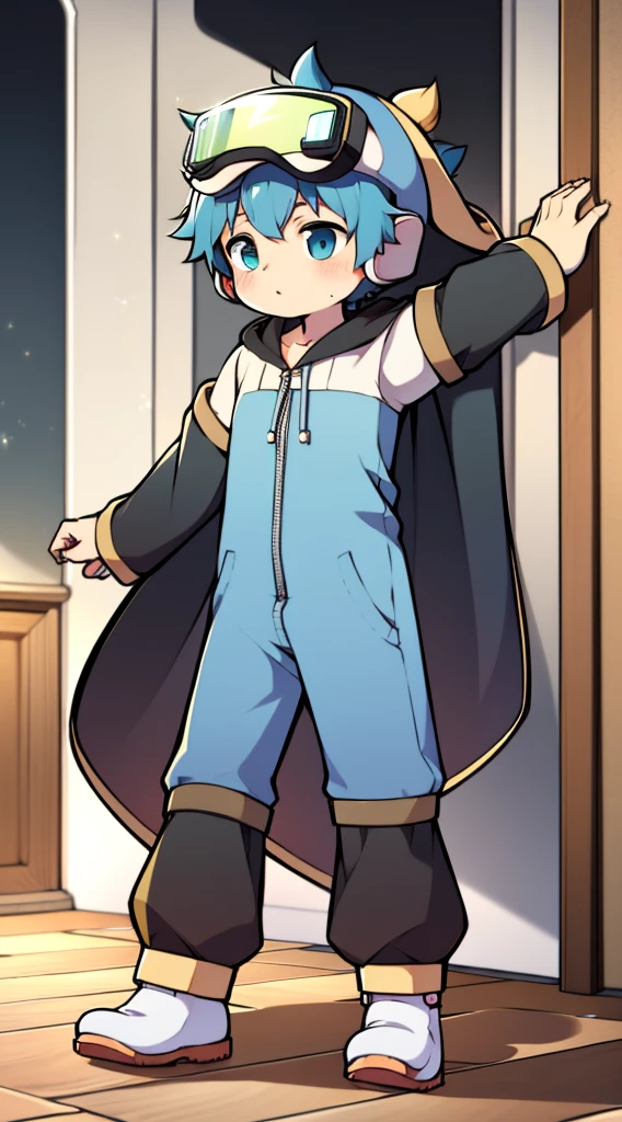 Two-dimensional boy Shota,onesie,Wear the headphones on your head,are standing,protective goggles,rabbitears,leg loops,Cloak,are standing,浴室