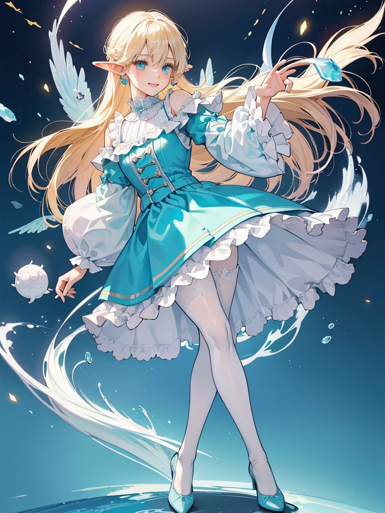 (elvish, Teenage female, 独奏, Full Body Pose, platinum blonde,Two-tailed, Cyan eyes, smiled, Greetings in curtsy),
(white blouse, Round collar, collar with frills, Long-sleeved),
(Blue Goth Loridrest, Shoulder buttons, knee-length skirt),
(white pantyhose),
(White lace enamel pumps, strap, Low background in Hilucha style