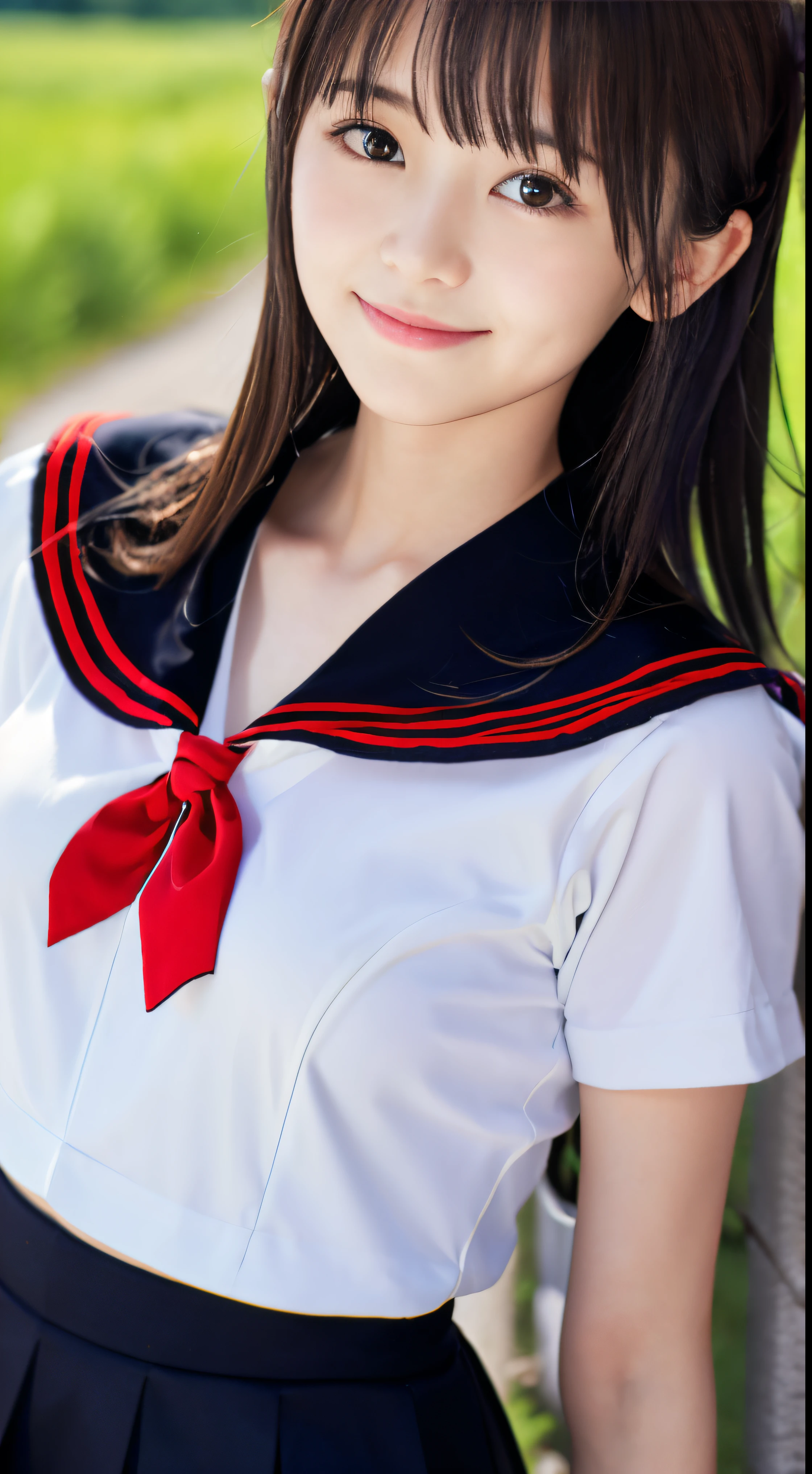 (Dressed in a white sailor suit with a black collar and a black skirt with red trim、Close-up portrait of half-up long brown hair on slender small chest with blunt bangs and black skirt:1.5)、(A girl walking with a small smile on a Japanese country road:1.5)、(Blurry background,:1.5)、(Perfect Anatomy:1.5)、Photorealsitic、Raw photography、masutepiece、top-quality、hight resolution、delicate and pretty、face perfect、Beautiful detailed eyes、Fair skin、Real Human Skin、((thin legs))