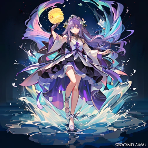 Silver hair, moon light, royal sister, purple flowers, highheels, wedding dress, 血, sword, River water, Kong Ming Lantern, It's dark night, boat, skeleton