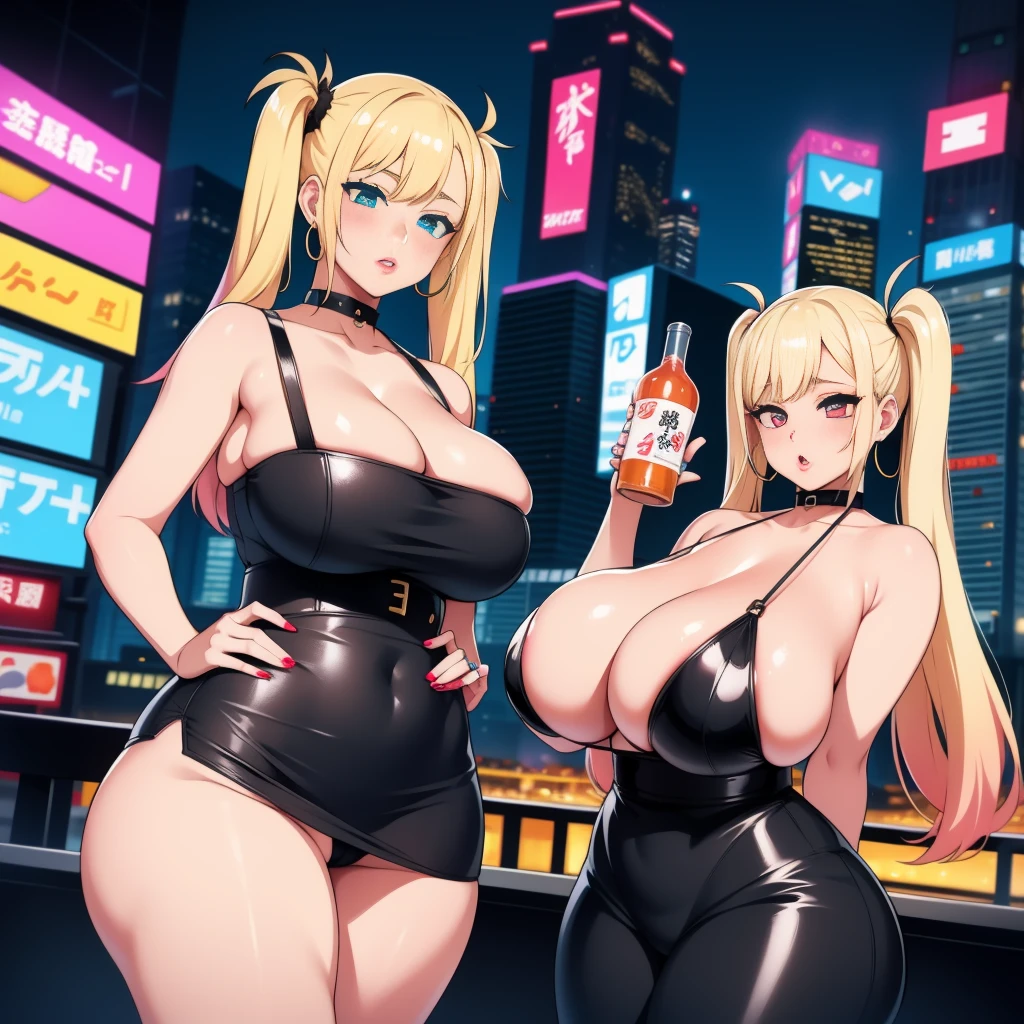 2girl,  (((bimbo))),hoop earrings, puffy lips, painted lips, thick lips. 
blonde hair, short twintails, wide hips, thick thighs, bursting breasts Nightlife, Night city, Cyberpunk city, futuristic cityscape. Neon lights, (skyscraper:1.1), Tokyo tower, palm tree, cloth sign, ramen stall, night club. bright city lights, exotic car. alcohol, bar, ramen, soup stall ,alcohol bottles,