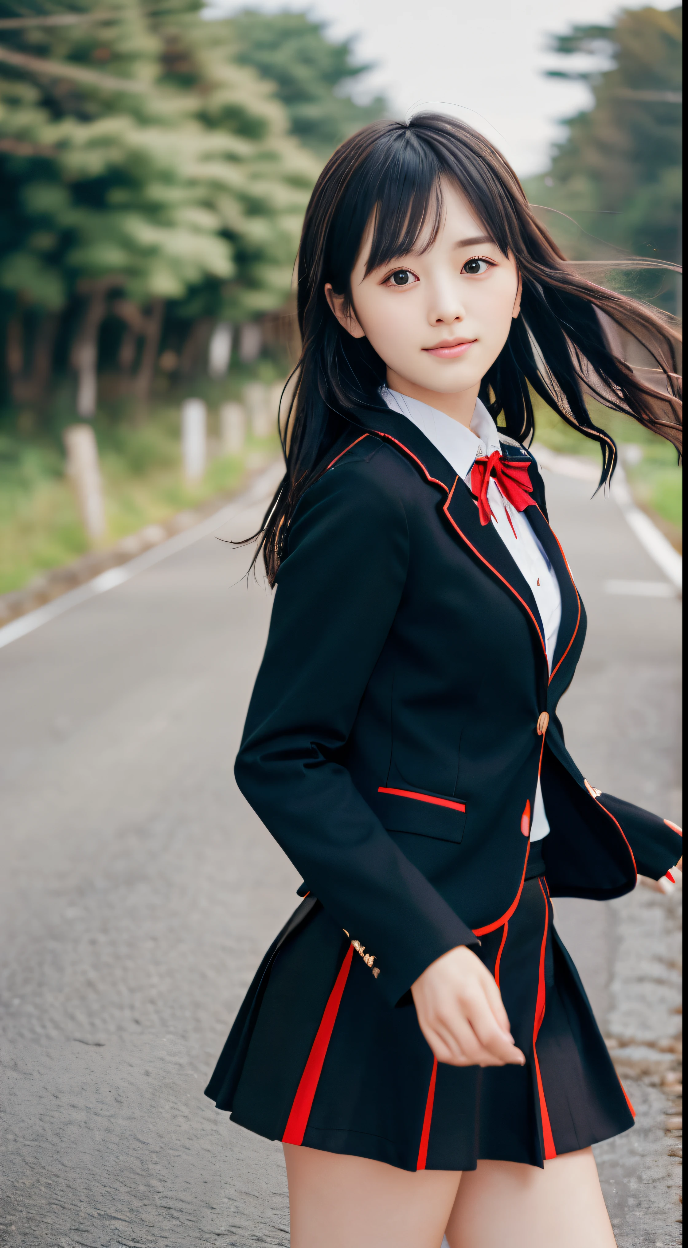 (A close-up portrait of a slender small-breasted girl、Has black hair in a two-sided up look wearing a black blazer uniform with a red cropped collar and a black skirt :1.5)、(A girl walking with a small smile on a Japanese country road, Hair that flutters in the wind:1.5)、(Uniform with a black blazer and a skirt with a red edging collar:1.5)、(Blurry background:1.5)、(Perfect Anatomy:1.5)、Photoreal Stick、Raw photography、masutepiece、top-quality、hight resolution、delicate and pretty、face perfect、Delicate and beautiful air skin around the eyes、Real Human Skin、((thin legs))