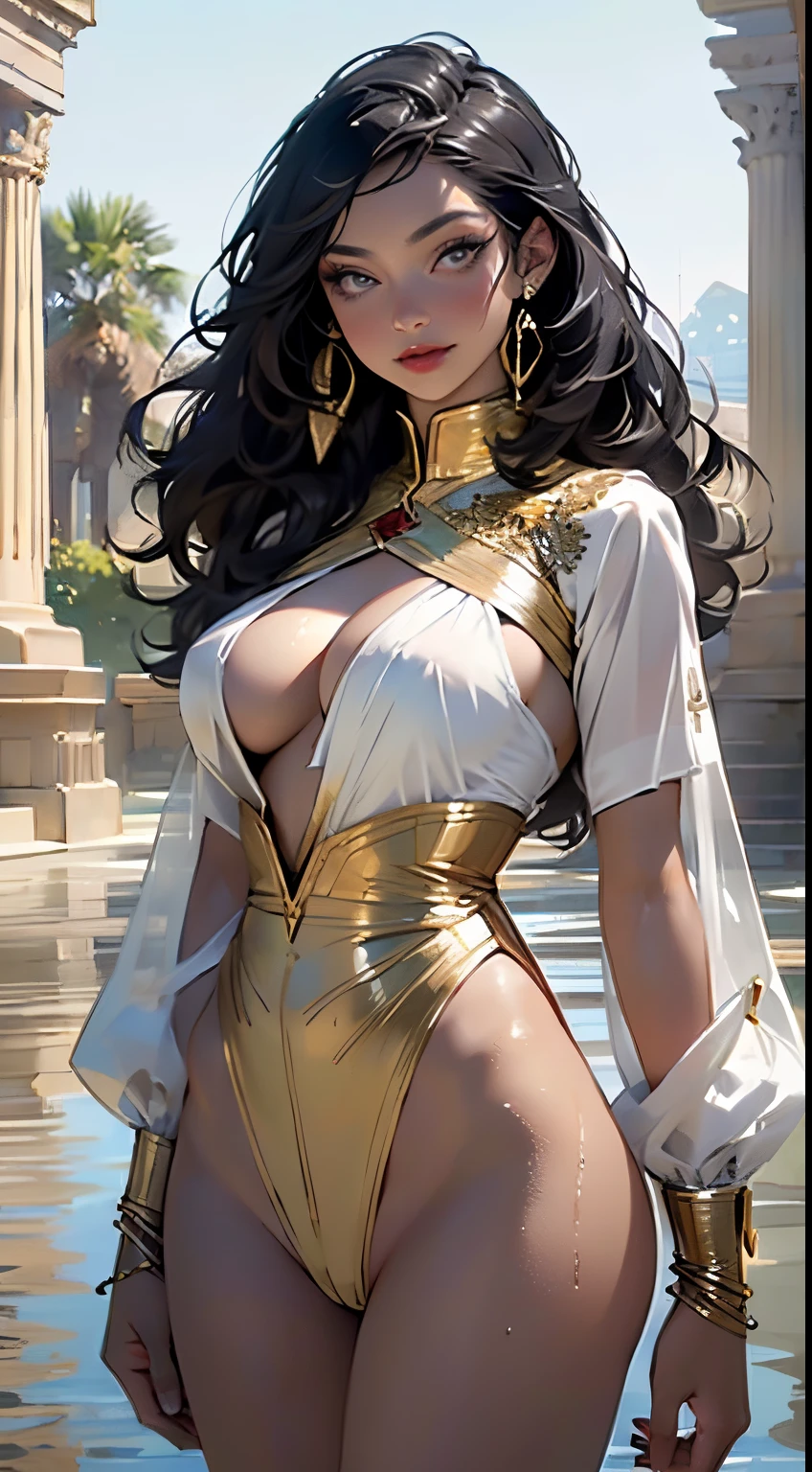 woman from ancient egypt,1female,((摩洛解放阵线,mother with big breasts,mature,Mature woman,45 year old female,)),
(:1.5),big breasts drooping、Thinning hair:1.4,hair straight,long whitr hair:1.4,Colored inner hair))),(((kinako_The eye:1.3))),complex eyes,Beautiful and meticulous'sThe eye,symetrical eyes,((((Dark skin:1.4,Glow skin:1.5,Brightens skin: 1.5,The skin tanned,Glossy glossy skin,The skin very radiant,shining body)))),(spider lower abdomen,Willow waist,Wide hips,the body of the,inflatable legs),(((Details's legeautiful detailed lips,
(cute big breasts,'s,,The look of it,'s,(('s)),Rich cleavage,posh,(((NSFW)))),
Clothing that exposes,show skin,Chopping,(The barefoot,),A princess,goddes,Beautiful white clothes: 1.3,fanciful,((White silk:1.3)),(robe top),((eye shadows,egyptian makeup,Eyelid makeup,gold lips,golden lipstick)),(((see-through cloth,wetclothes,complex clothing,embroidered clothing,adorned in majestic attire,Complex clothes,Embroidered clothes,Flashy clothes))),
Dynamic and dynamic poses,looking at viewert,(pervert smirk,belo sorriso),at centre,Scale to fit the dimensions,the rule of thirds,
Outdoor activities,pillar,((pillar background,Egyptian palace,egyptian palace background,pyramids in background)),scenecy,Extremely scenic,(There are puddles everywhere,mossy,Moss on background), egyptian style,egyptian castle,Lotus leaf,palmeiras,(the sunset, golden time),
(shiny egyptian ornament),(quality,8K,32K,masterpiece),A high resolution,(realisticlying:1.4),Ray traching,The sun dazzling,depth of fields,Through the backlight effect,Increase screen depth,(((vivd colour,Vibrant theme))),(iintricate),(hight contrast,realistic artwork:1.37),(Best quality at best,4K,A high resolution,tmasterpiece:1.2),ultra - detailed,(actual,realisticlying,Photorealistic:1.37),professional,