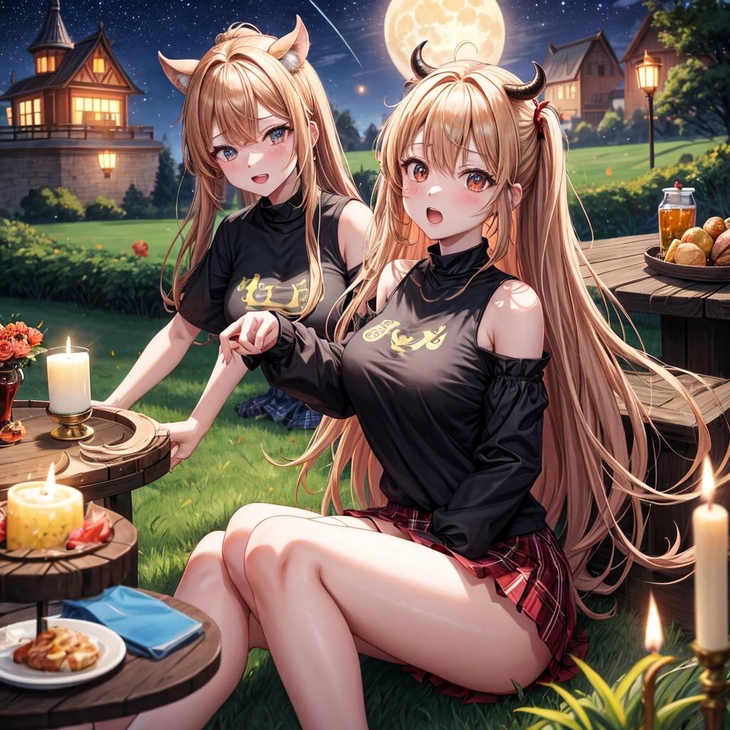 Red-blonde、poneyTail、verd s eyes、one good looking girl、独奏、animesque、lightly dressed、Plaid miniskirt、a black T-shirt、grass field、sitting on、fullmoon、candle fire、Meteor swarm、starrysky、are flying、golden castle、A chicken is on top of the bull and the bull is going wild.