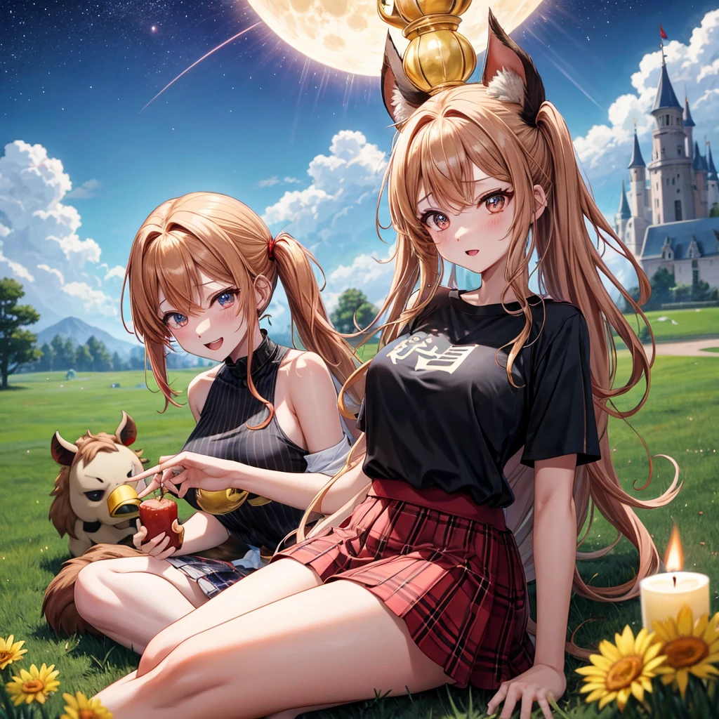 Red-blonde、poneyTail、verd s eyes、one good looking girl、独奏、animesque、lightly dressed、Plaid miniskirt、a black T-shirt、grass field、sitting on、fullmoon、candle fire、Meteor swarm、starrysky、are flying、golden castle、A chicken is on top of the bull and the bull is going wild.