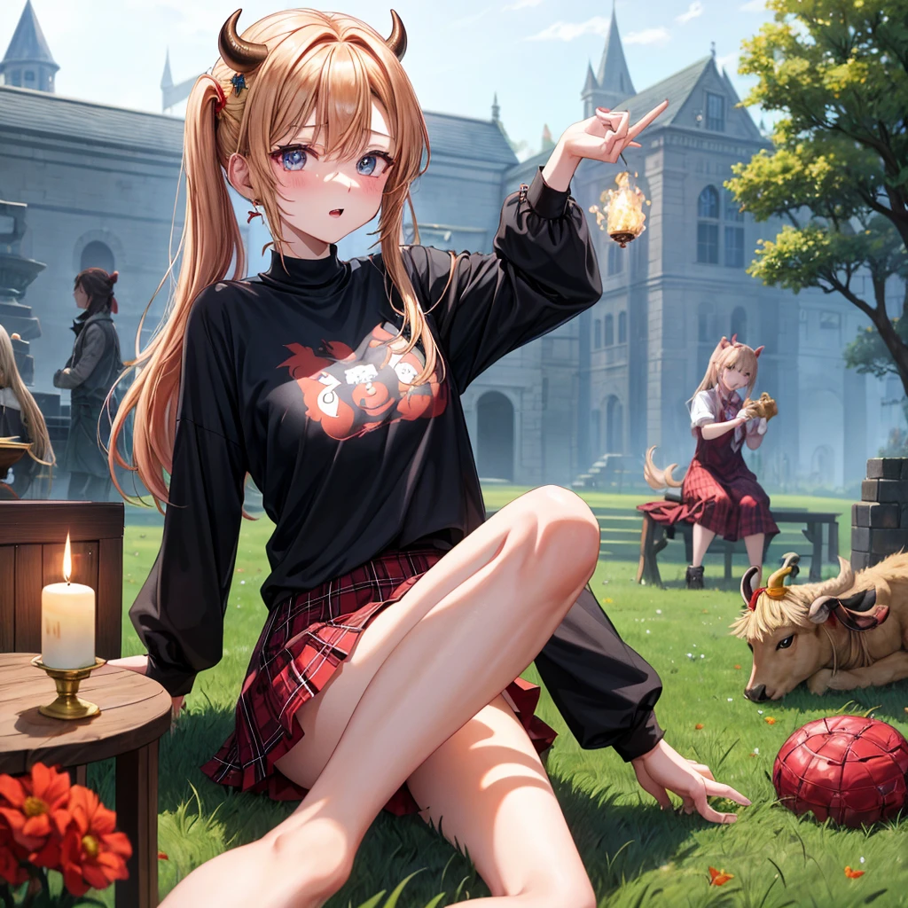 Red-blonde、poneyTail、verd s eyes、one good looking girl、独奏、animesque、lightly dressed、Plaid miniskirt、a black T-shirt、grass field、sitting on、fullmoon、candle fire、Meteor swarm、starrysky、are flying、golden castle、A chicken is on top of the bull and the bull is going wild.