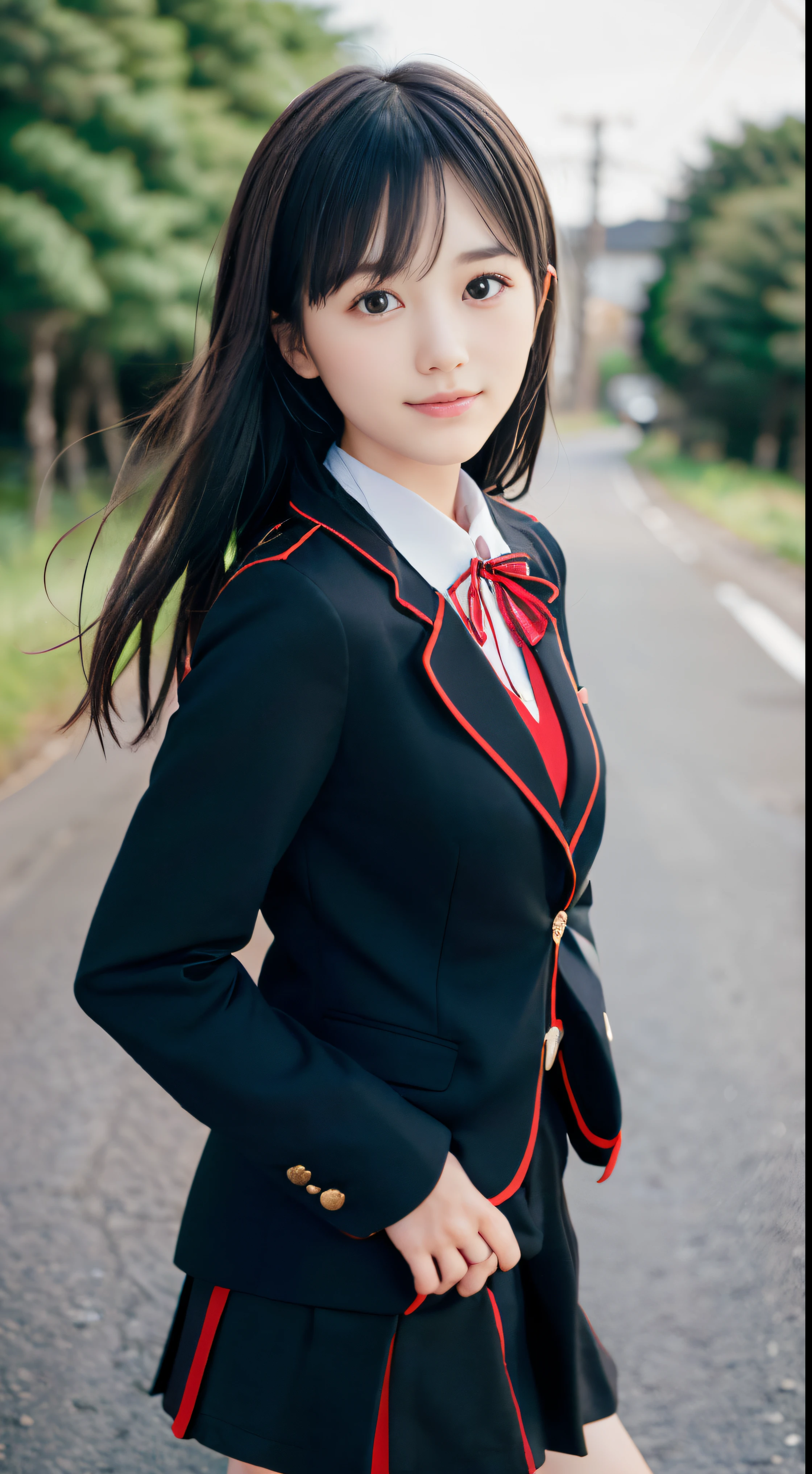 (A close-up portrait of a slender small-breasted girl、Has black hair in a two-sided up look wearing a black blazer uniform with a red cropped collar and a black skirt :1.5)、(A girl walking with a small smile on a Japanese country road, Hair that flutters in the wind:1.5)、(Uniform with a black blazer and a skirt with a red edging collar:1.5)、(Blurry background:1.5)、(Perfect Anatomy:1.5)、Photoreal Stick、Raw photography、masutepiece、top-quality、hight resolution、delicate and pretty、face perfect、Delicate and beautiful air skin around the eyes、Real Human Skin、((thin legs))