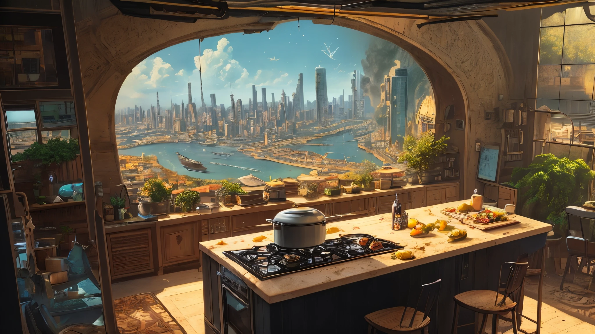 beautiful open kitchen in the style of elena of avalor overlooking aerial wide angle view of a solarpunk vibrant city with greenery, interior architecture, ocean, river, ships, citizens, rampart, rendered in octane, in the style of Luc Schuiten, craig mullins, solarpunk in deviantart, photorealistic, highly detailed, Vincent Callebaut, elena of avalor, highly detailed