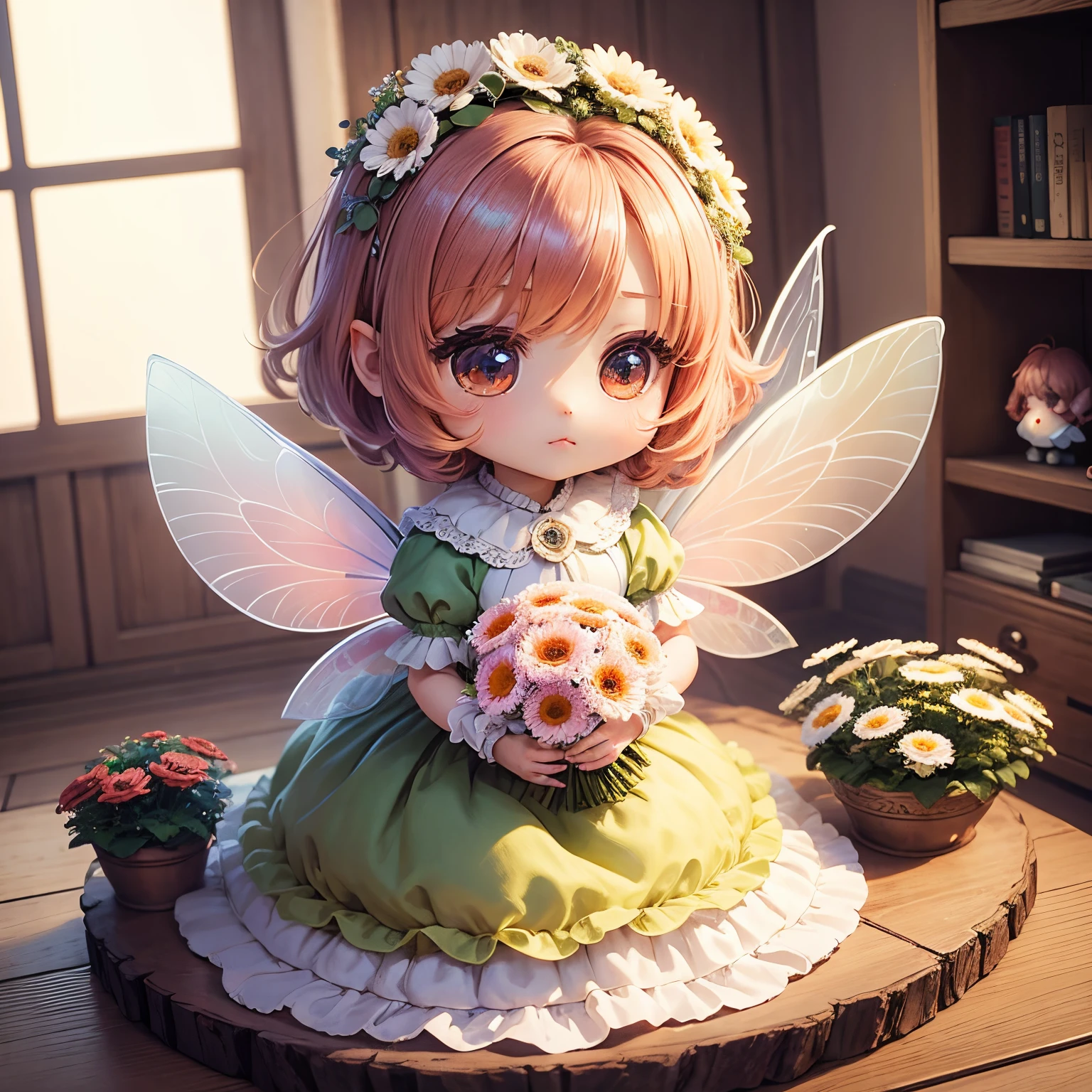 masterpiece、top-quality、ultra-detailliert、(Chibi Chara Fairy:1.3)、Wearing fluffy room wear、Gerbera flowers、Holding a gorgeous bouquet of gerberas、closing eye、Good night、fairy tale forest