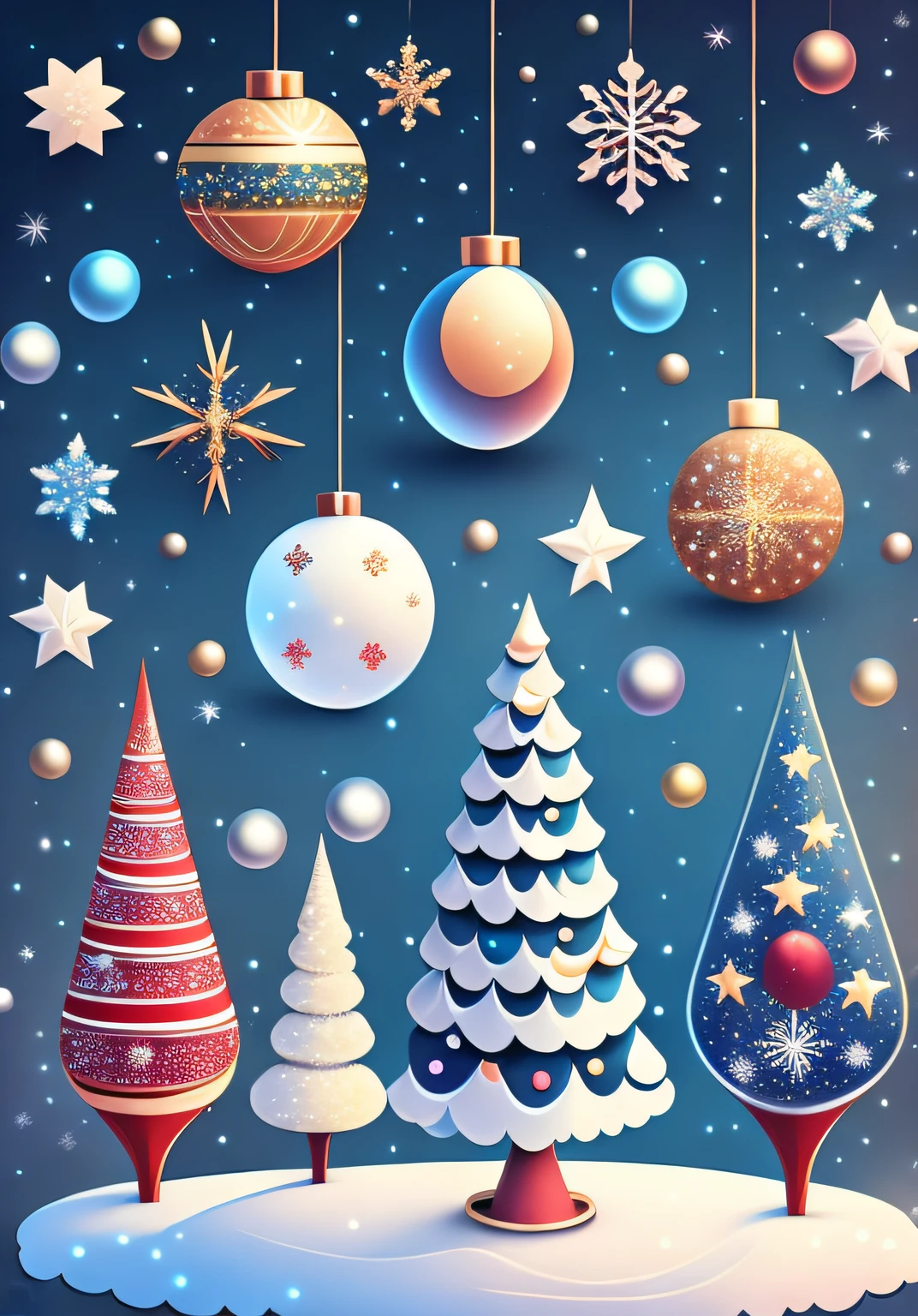 New Year, Christmas, new year illustration ,Various beautiful balls on Christmas trees.., cartoon illustration, sky with twinkling stars. Immerse yourself in the New Year'peace, Full of magical elements (weighted at 0.9).