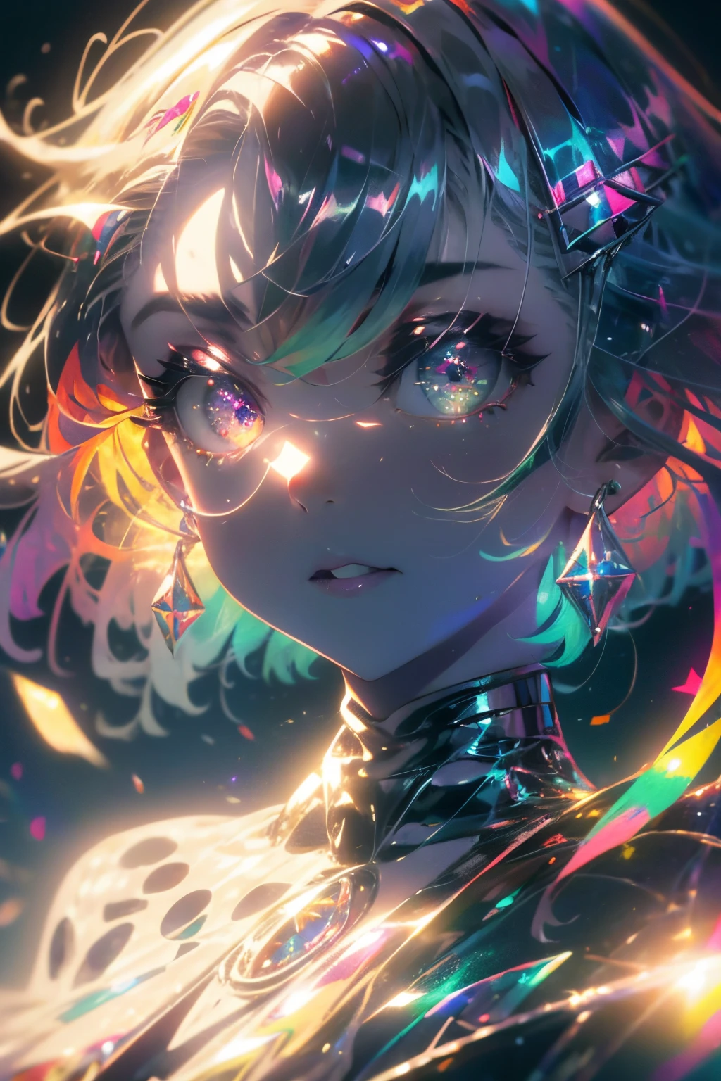 ((masterpiece,hight resolution,8K picture quality,top-quality)),1girl in,((extra detailed face)),femele,Delicate eyes,((Purple eyes)),((hairstyle on:buzzcut,A dark-haired,hair that shines in the light)),lensflare,Dramatic makeup,smiling elegantly,Natural complexion,large full breasts,Diffuse reflection of light((colourfull:1.5)),