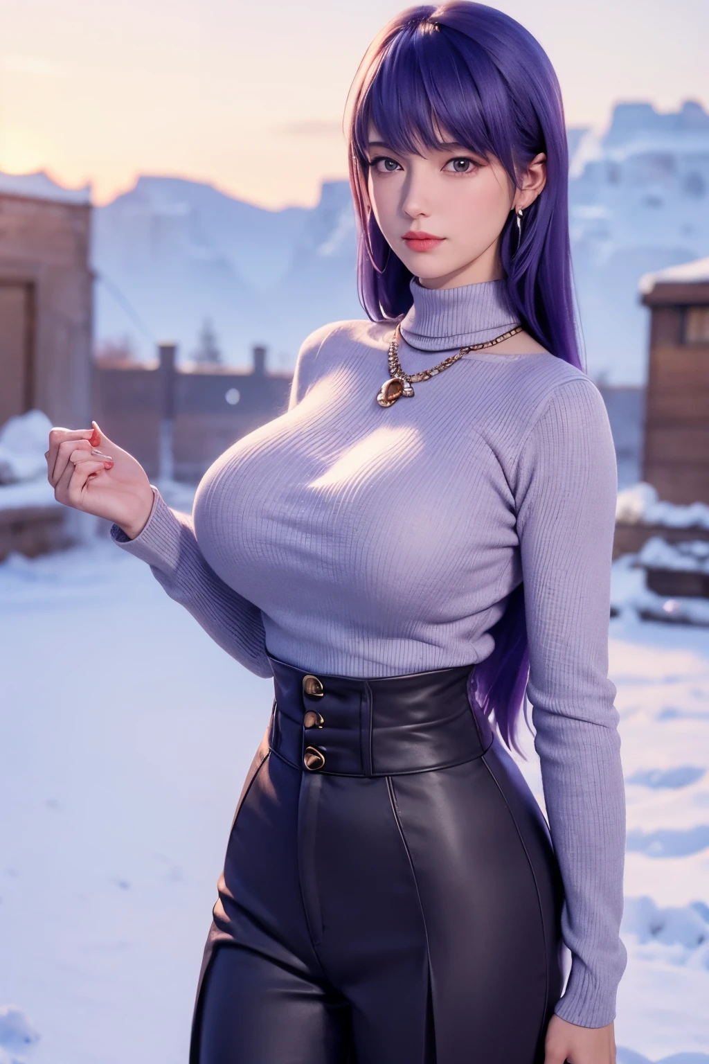 huge breast. excellent breast, masterpiece,ultra realistic,32k,extremely detailed CG unity 8k wallpaper, best quality, masterpiece,ultra realistic,32k,extremely detailed CG unity 8k wallpaper, best quality,(winter day ),lady ,necklace ,eardrop, Grand Canyon, United States, ( Orchid Pair a fitted turtleneck sweater with wide-leg pants and loafers. ) , Purple hair