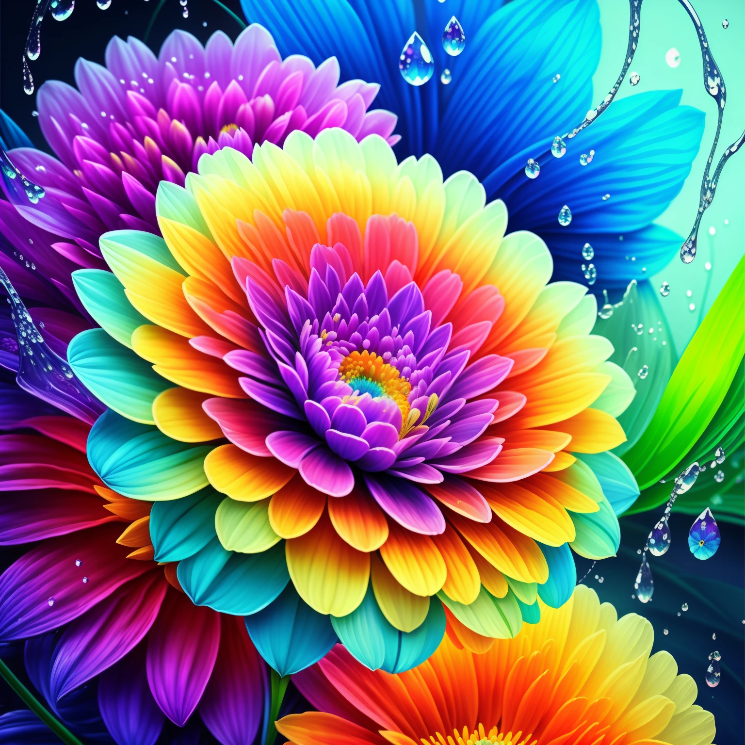 Close up of bunch of flowers with water droplets, a magical colorful flower, rich floral color, magical flowers, Vivid and rich colors, Colorful Alien Flora, colorful flower, Colorful flowers, Colorful HD Drip, Vivid and colorful, beautiful art uhd 4 k, beautiful and colorful, neon flowers, Strong and vibrant colors, colorful and vibrant, intricate vibrant colors