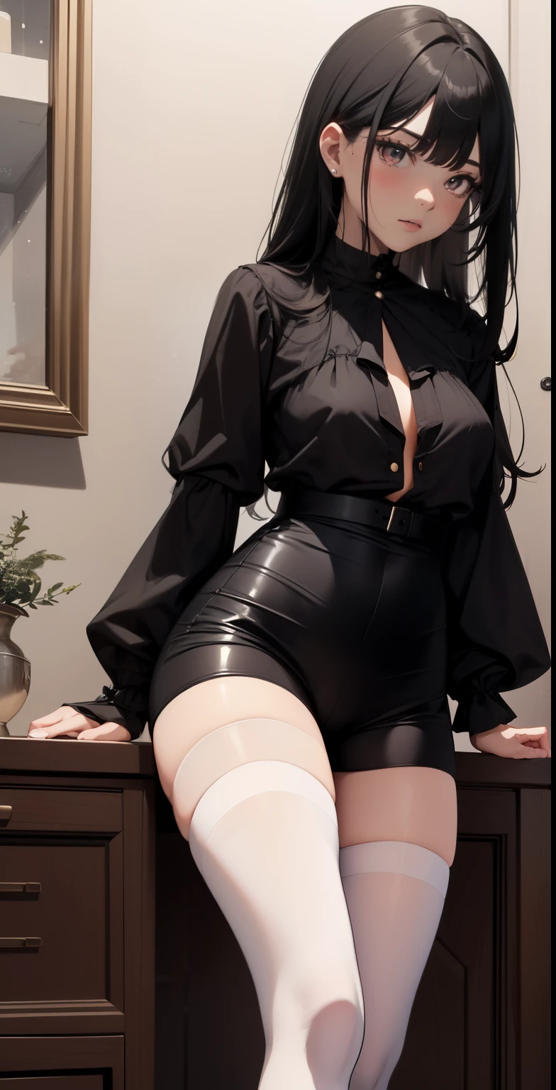 anime - style image of a woman in a gray dress and black coat, ((mature woman)), ((30 year old woman)), marin kitagawa fanart, seductive anime girl, (black hair), ((wavy hair)), oc commission, ((open clothes from top)), ((naked breasts)), anime moe artstyle, casual pose, ((sitting on chair)), ((open legs)), ((spread legs)), ((naked pussy)), (pink pussy), ((pussy is clearly visible)), ((one leg up)), ((one leg down))