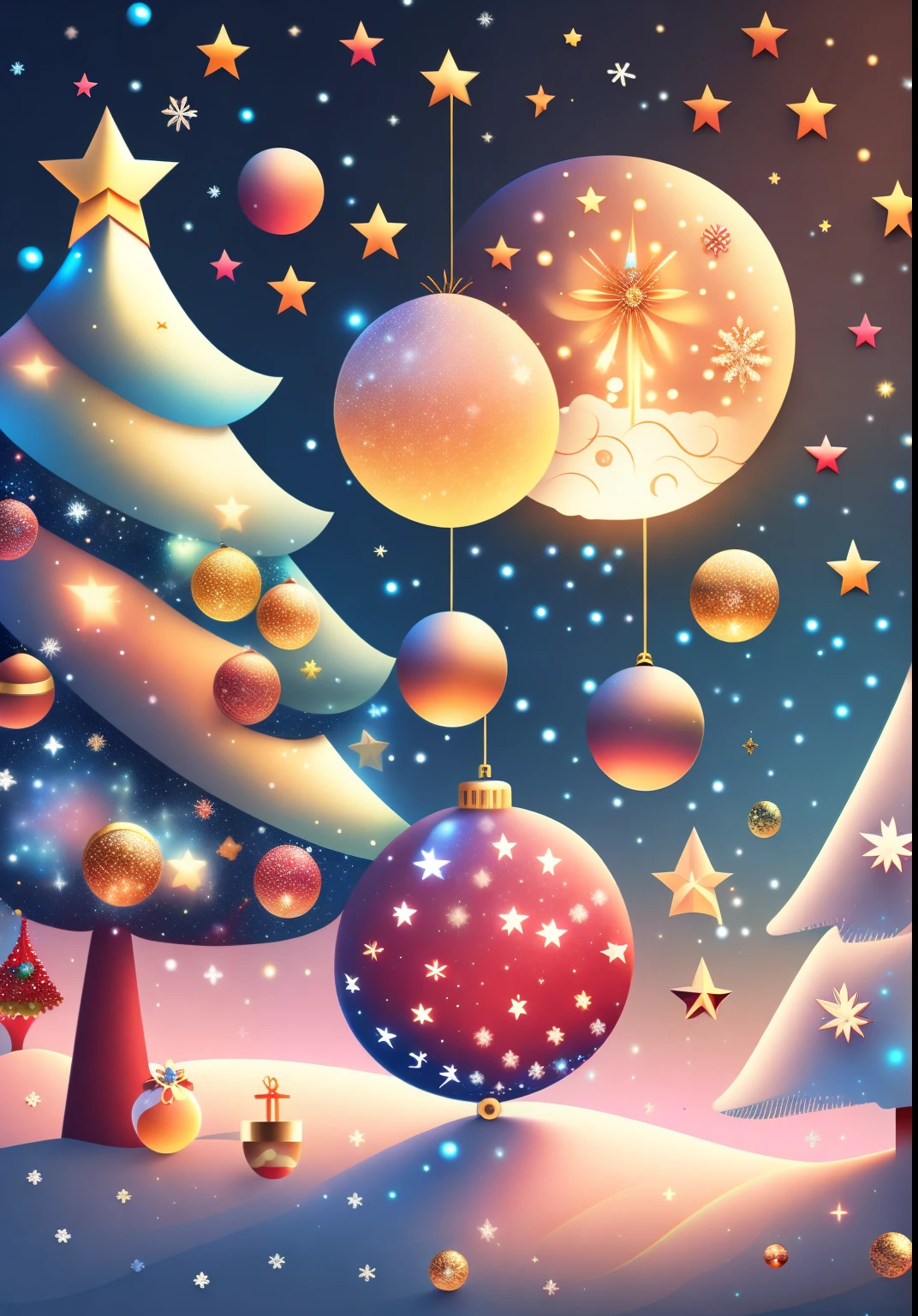 New Year, Christmas, new year illustration ,Various beautiful balls on Christmas trees., cartoon illustration, sky with twinkling stars. Immerse yourself in the New Year'peace, Full of magical elements (weighted at 0.9).