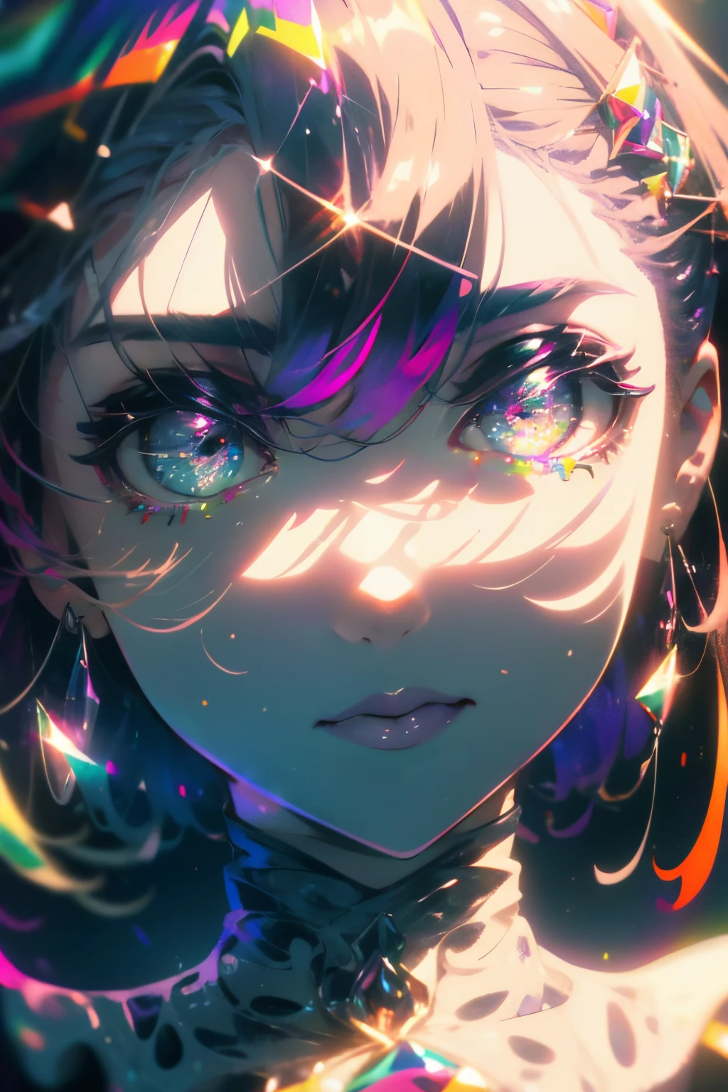 ((masterpiece,hight resolution,8K picture quality,top-quality)),1girl in,((extra detailed face)),femele,Delicate eyes,((Purple eyes)),((hairstyle on:buzzcut,A dark-haired,hair that shines in the light)),lensflare,Dramatic makeup,smiling elegantly,Natural complexion,large full breasts,Diffuse reflection of light((colourfull:1.5)),