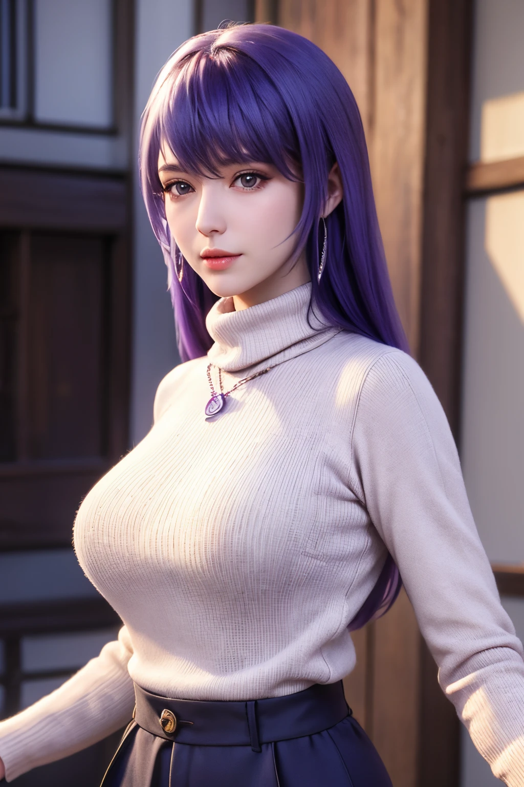 Masterpiece, absurdres, fine detail, HDR, highly detailed face and eyes, photorealistic, huge breast. excellent breast, masterpiece,ultra realistic,32k,extremely detailed CG unity 8k wallpaper, best quality, masterpiece,ultra realistic,32k,extremely detailed CG unity 8k wallpaper, best quality,(winter day ),lady ,necklace ,eardrop, Grand Canyon, United States, ( Orchid Pair a fitted turtleneck sweater with wide-leg pants and loafers. ) , Purple hair
