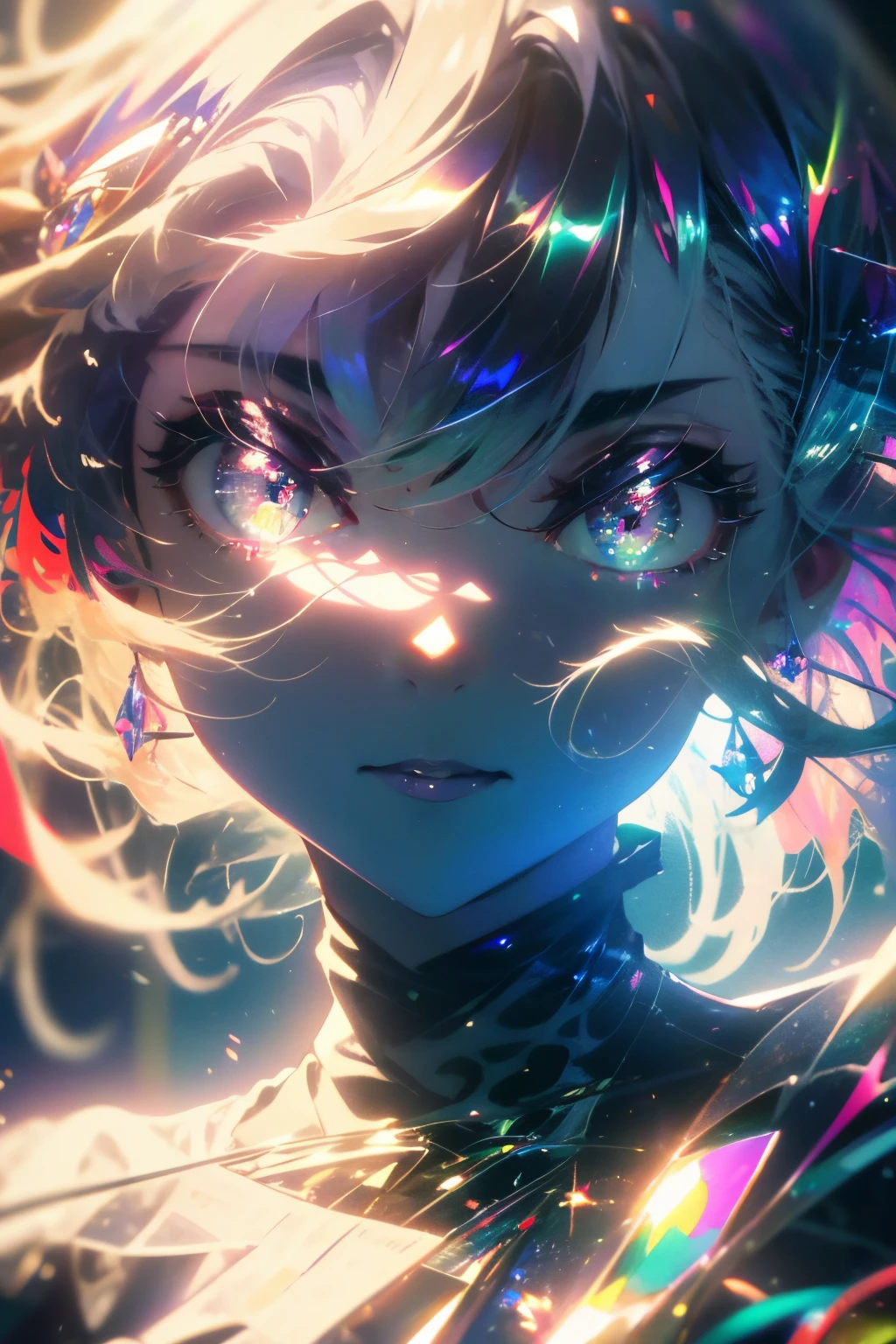((masterpiece,hight resolution,8K picture quality,top-quality)),1girl in,((extra detailed face)),femele,Delicate eyes,((Purple eyes)),((hairstyle on:buzzcut,A dark-haired,hair that shines in the light)),lensflare,Dramatic makeup,smiling elegantly,Natural complexion,large full breasts,Diffuse reflection of light((colourfull:1.5)),