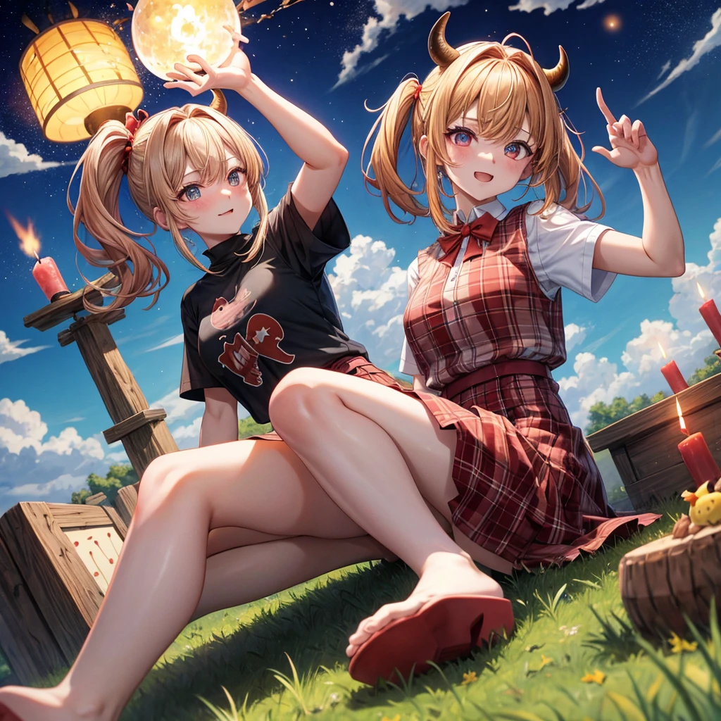 Red-blonde、poneyTail、verd s eyes、one good looking girl、独奏、animesque、lightly dressed、Plaid miniskirt、a black T-shirt、grass field、sitting on、fullmoon、candle fire、Meteor swarm、starrysky、are flying、golden castle、A chicken is on top of the bull and the bull is going wild.