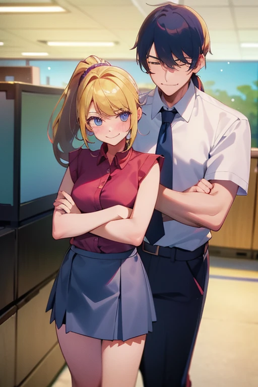 (male, office worker, middle-aged, tired) (female, high school girl, blonde, ponytail, mini skirt, smiling) (man and woman in a relationship, arms crossed)