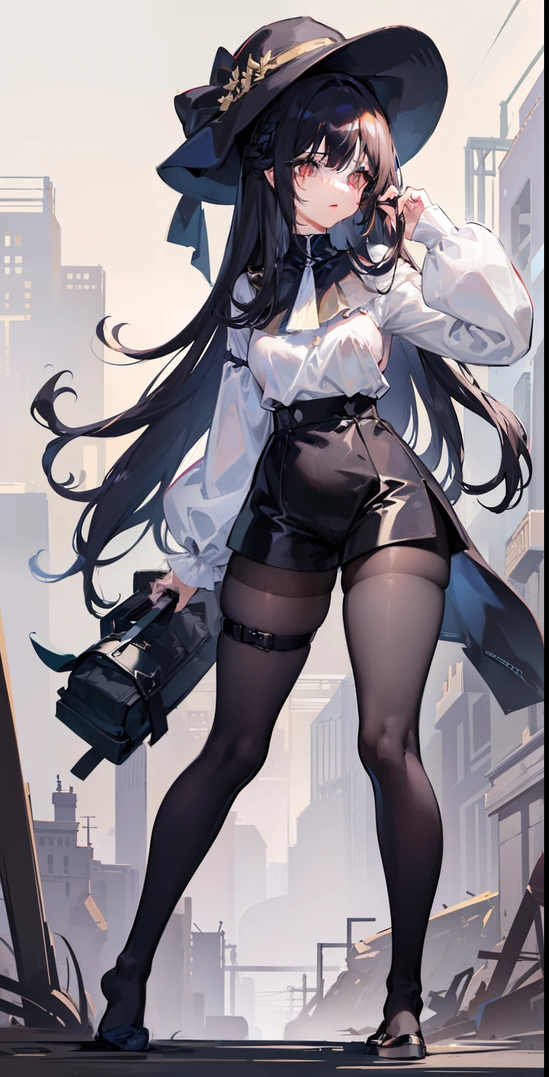 1 girl, bangs, black hair, black stockings, knee-highs, long hair, medium breasts, eyebrow, nose, ear, mouth, lips, reclining, standing, tights, ((women's clothing)), ((long sleeve blouse , short shorts, tight pantyhose)), thick legs, thick thighs, (white background)