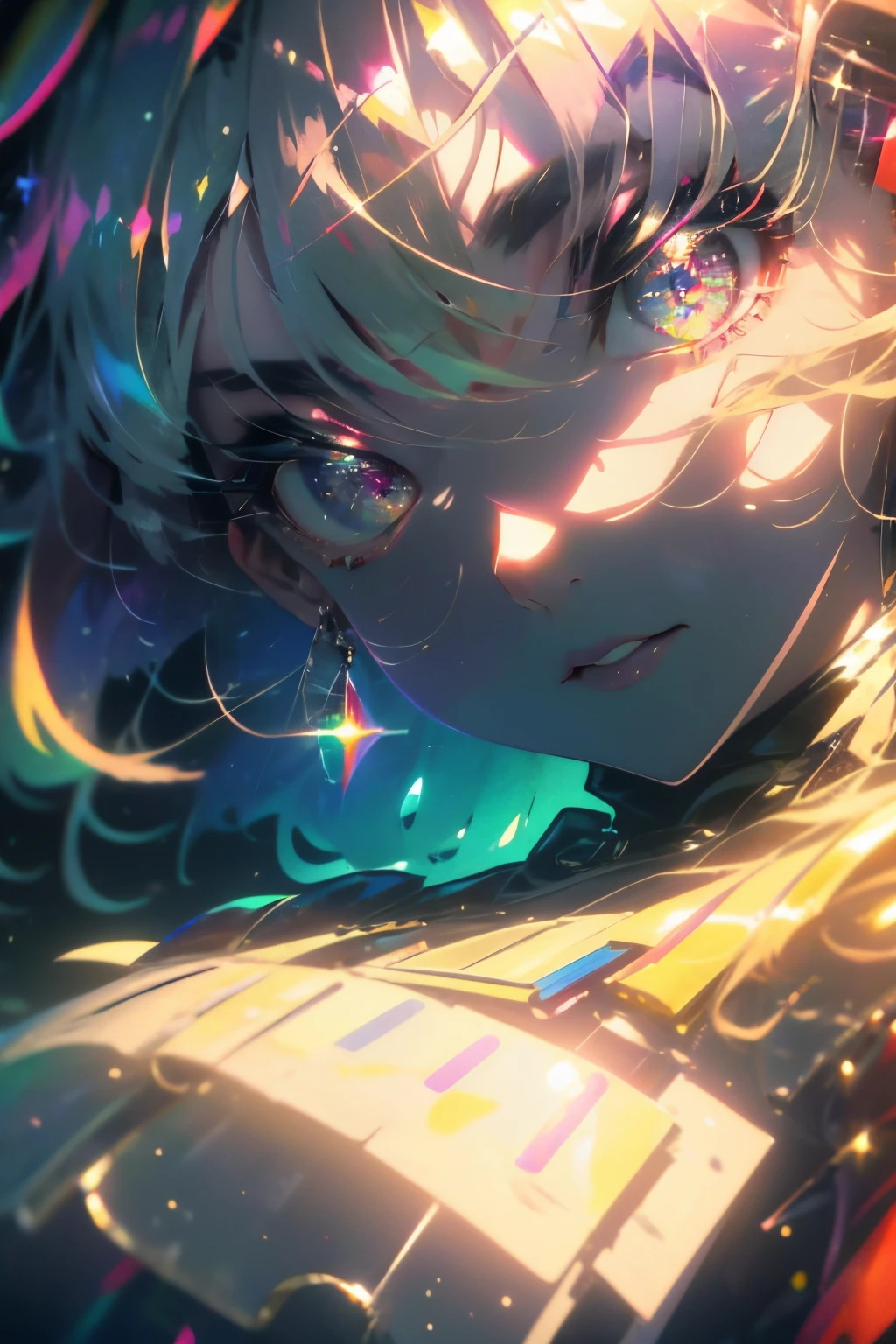 ((​masterpiece,hight resolution,8K picture quality,top-quality)),1girl in,((extra detailed face)),femele,Delicate eyes,((Purple eyes)),((hairstyle on:buzzcut,A dark-haired,hair that shines in the light)),lensflare,Dramatic makeup,smiling elegantly,Natural complexion,large full breasts,Diffuse reflection of light((colourfull:1.5)),