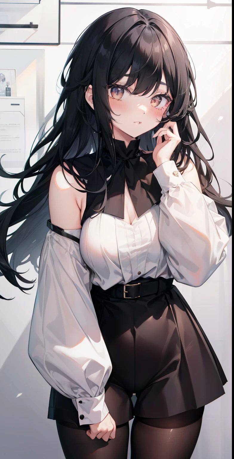 1 girl, bangs, black hair, black stockings, knee-highs, long hair, medium breasts, eyebrow, nose, ear, mouth, lips, reclining, standing, tights, ((women's clothing)), ((long sleeve blouse , short shorts, tight pantyhose)), thick legs, thick thighs, (white background)