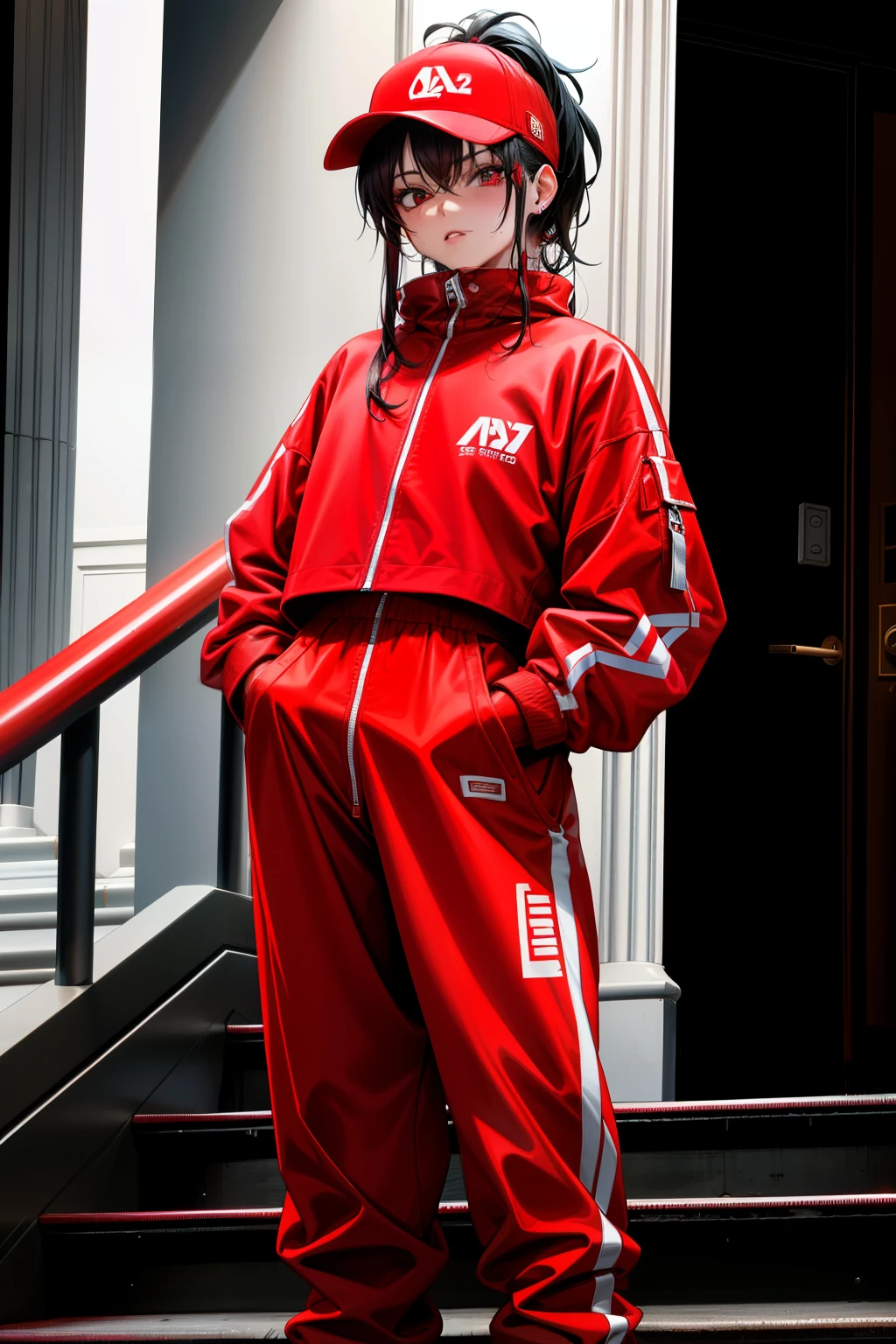 a woman standing on a set of stairs wearing a red sweat suit, red clothes, woman in streetwear, red, she wearing streetwear, y2k style, y 2 k style, wearing a red outfit, vetements, trending on r/streetwear, all red, wearing red clothes, wearing red, highly aesthetic, high waist sweatpants