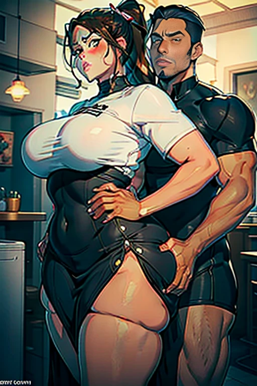 Best quality, mature woman, giant ass, thick muscular thighs, wide hips, very curvy, tanned skin, styled high ponytail, pear green eyes, full lips, seductive, blushing, shocked look,  thigh high black dress, ribbon in hair, thick thighs, curvy physique, normal guy, they're hugging, guy grabbing squeezing groping her ass