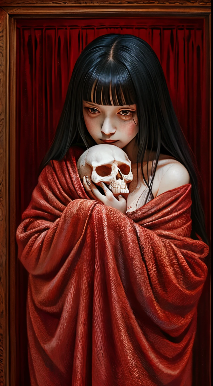 digitial illustration、horror paintings , A young woman cradling a skull surrounded by endless blood red velvet blankets , In the style of Takato Yamamoto