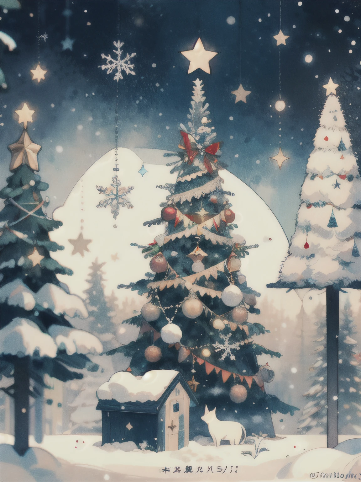 (((Masterpiece))),Best Quality, Whitetown, Russian New Year, Salutes , Bright color, snowing, Christmas tree, balls on the Christmas tree
