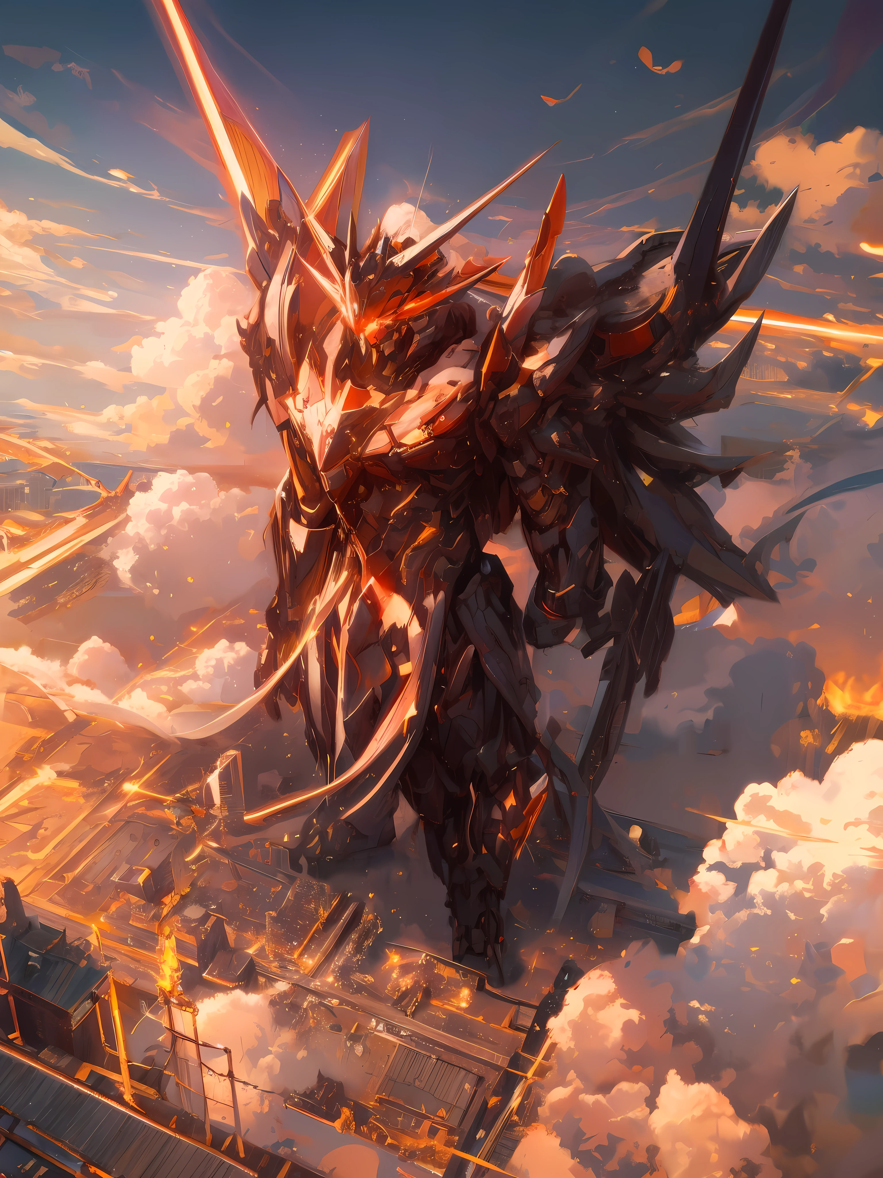 husband standing on roof，It has huge wings, inspired by Krenz Cushart, author：krenz cushart, krenzcushart, krenz cushart and artem demura, giant anime mecha, anime large mecha robot, Wopp and Krenz Kushat