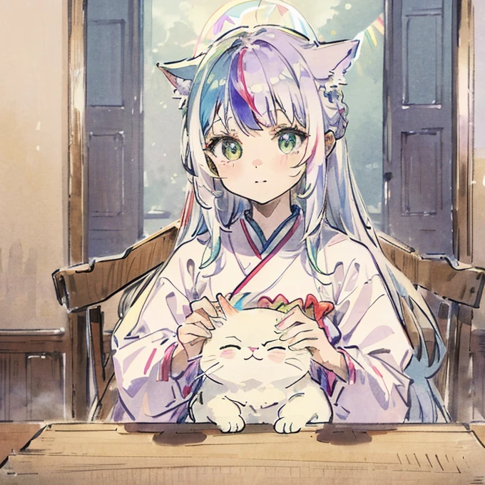 (best quality 1.2、On the table)、Yumekawa、Amazing、Get a cute cat、kawaii、White hair(Rainbow-colored hair)、cute clothing