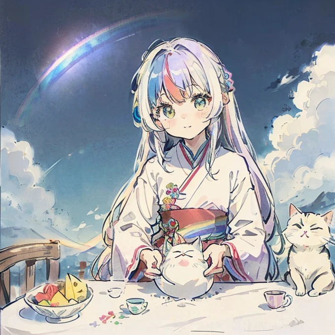 (best quality 1.2、On the table)、Yumekawa、Amazing、Get a cute cat、kawaii、White hair(Rainbow-colored hair)、cute clothing