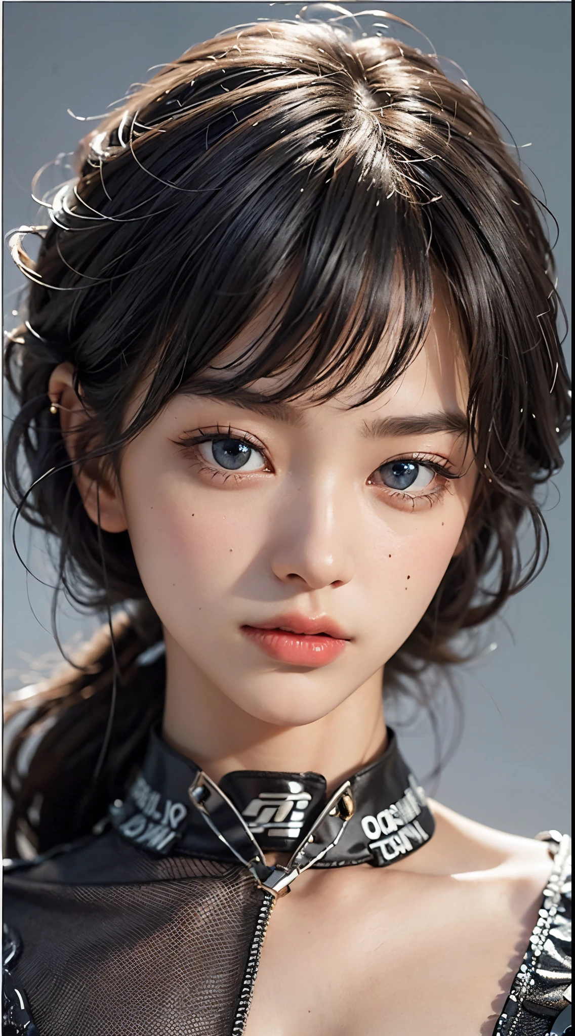 ((from below:1.6)),An ultra-high picture quality、japanes、1 woman around 20 years old、Black hair、short-cut、Beautiful face with blue eyes、A detailed face、Detailed eyes、realisticeyes、Detailed skin、