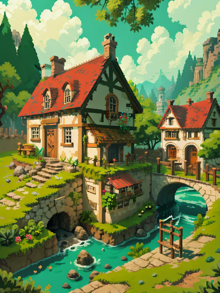 （pixelart：1.4），(Q version，straw hat，basket，Floral dress，Little red leather shoes，that tree，small bridge flowing water，Flowers and plants mushroom house：1.4），Cogumelos, ((A town from Grimm&#39;s fairy taleantasy town))