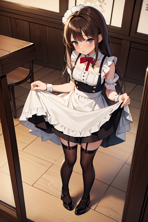 ​masterpiece, top-quality, 1girl in, (full body Esbian), The cloth digs into the crotch, (Brown hair), full of shyness, red blush, (length hair),（（maid clothes））、（（tucking up the skirt））、garter stocking、garterbelts、Sexy lingerie、Composition looking up from your feet、huge tit、perspiring、a beauty girl、Pants dig into the crotch,teats、（tea shop）、Standing、classical long maid clothes