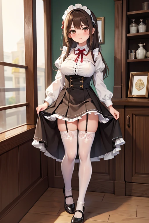 ​masterpiece, top-quality, 1girl in, (full body Esbian), The cloth digs into the crotch, (Brown hair), full of shyness, red blush, (length hair),（（maid clothes））、（（tucking up the skirt））、garter stocking、garterbelts、Sexy lingerie、Composition looking up from your feet、huge tit、perspiring、a beauty girl、Pants dig into the crotch,teats、（tea shop）、Standing、classical long maid clothes