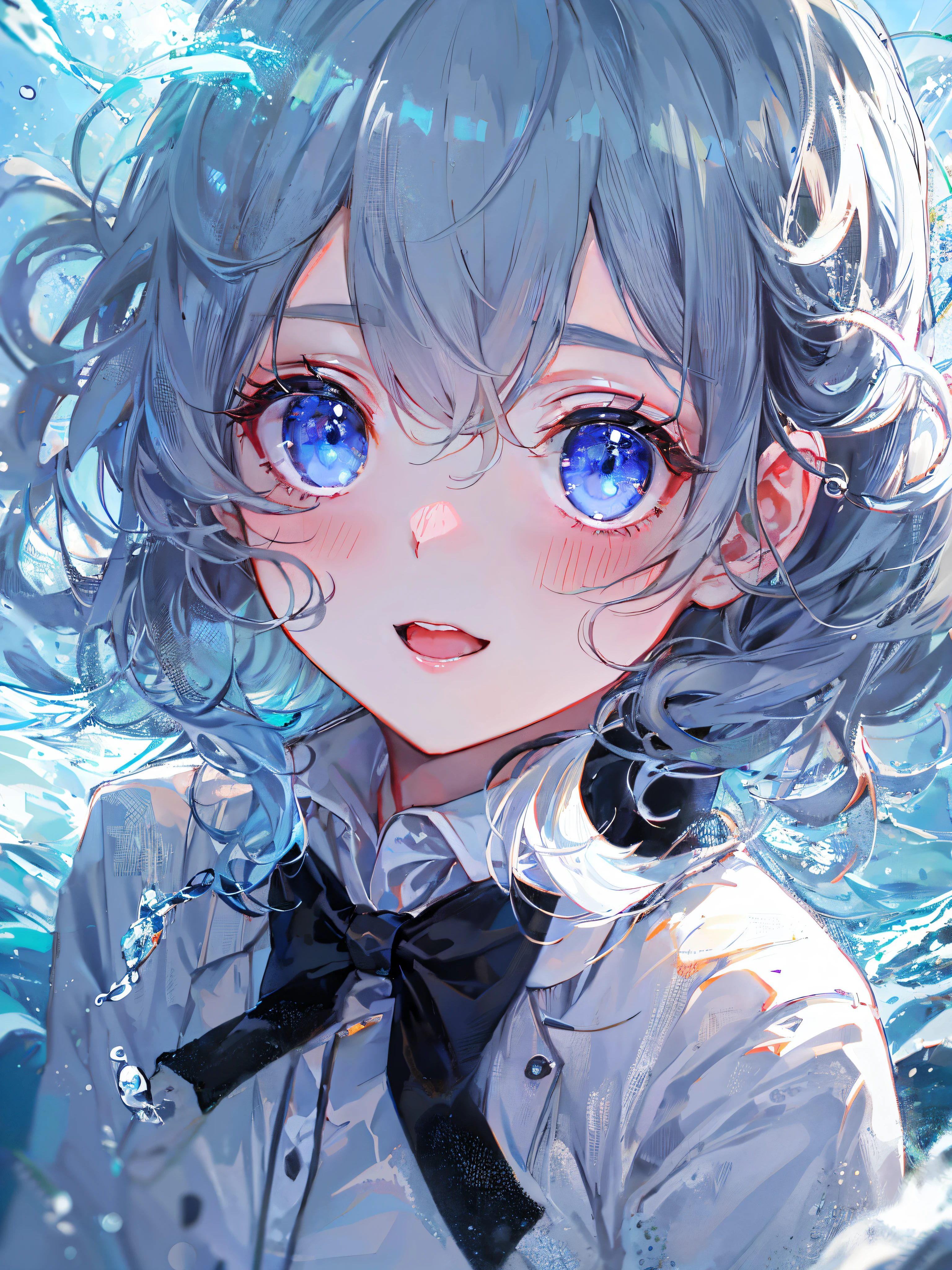 ((top-quality)), ((​masterpiece)), ((ultra-detailliert)), (Extremely delicate and beautiful), girl with, 独奏, cold attitude,((Black jacket)),She is very(relax)with  the(Settled down)Looks,depth of fields,Evil smile,Bubble, under the water, Air bubble,Underwater world bright light blue eyes,inner color with bright gray hair and light blue tips,,,,,,,,,,,,,,,,,,,Cold background,Bob Hair - Linear Art, shortpants、knee high socks、White uniform like school uniform、Light blue ribbon ties、Clothes are sheer、The hand in my right pocket is like a sapphire,Fronllesse Blue, A small blue light was floating、fantastic eyes、selfy,Self-shot,Smile Face