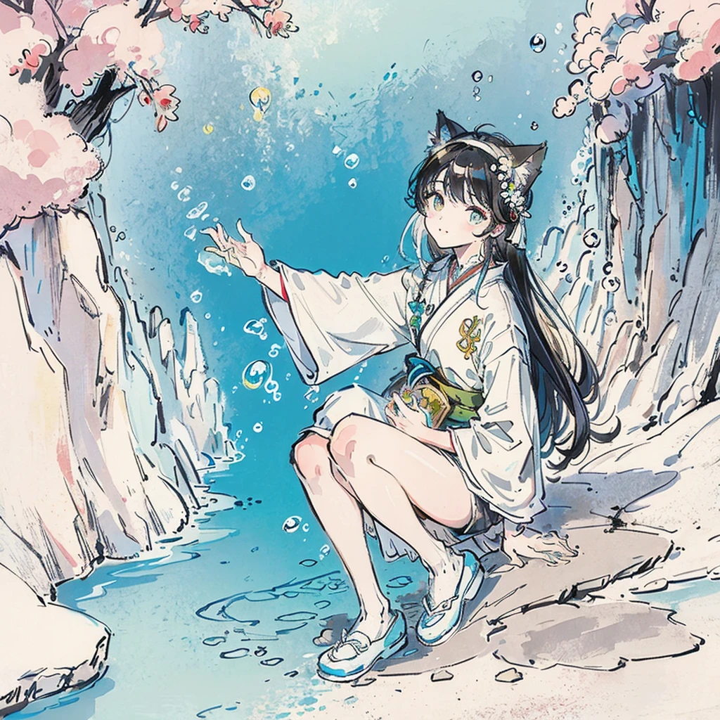 (masterpiece)、(quality)、(hold a cat)、(offcial art、Extremely detailed CG unity 8k wallpaper)、(The very detailed)、((hoang lap))、1 girl in、(Rainbow-colored hair)、中景 the scene quisite facial features)、(Sefuku:1.3) (( SFW))、((Clean your hands))、((white nylon shoes))、Aqua Eye、Colored Contact Lenses、There are stars in the eyes、(((Colorful bubbles)))、colored glass、(album covers)