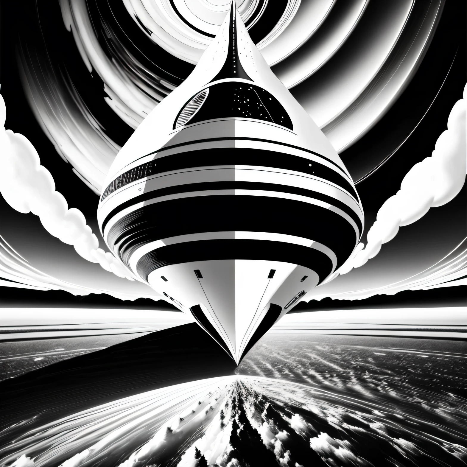 space ship leaving the planet, colors black and white image