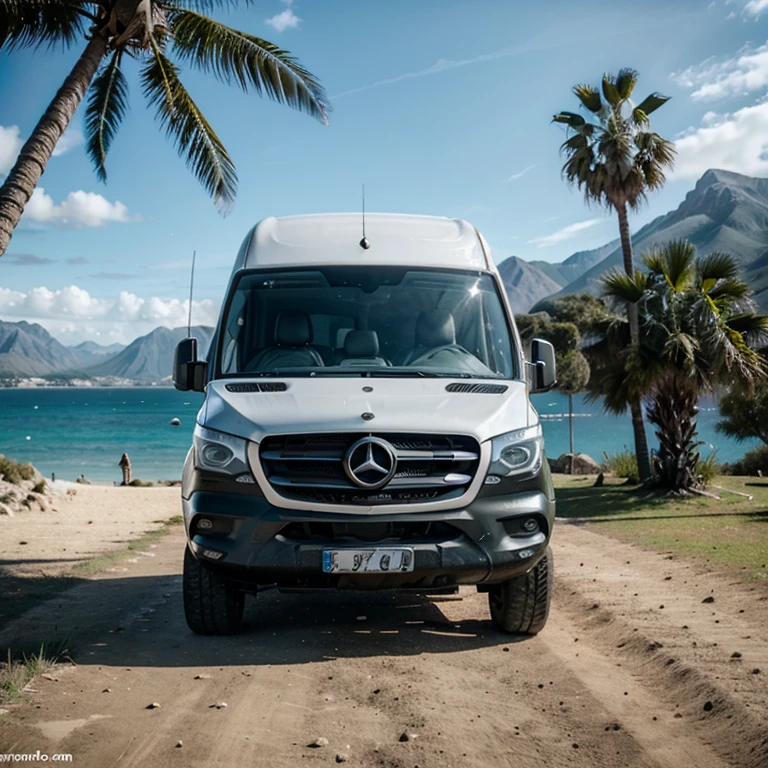 Offroad campervan, Mercedes Sprinter, the best quality, 4K, perfect girls, beautiful face, fit body, mountains, palm trees, sea, sunny day, very realistic, emotional