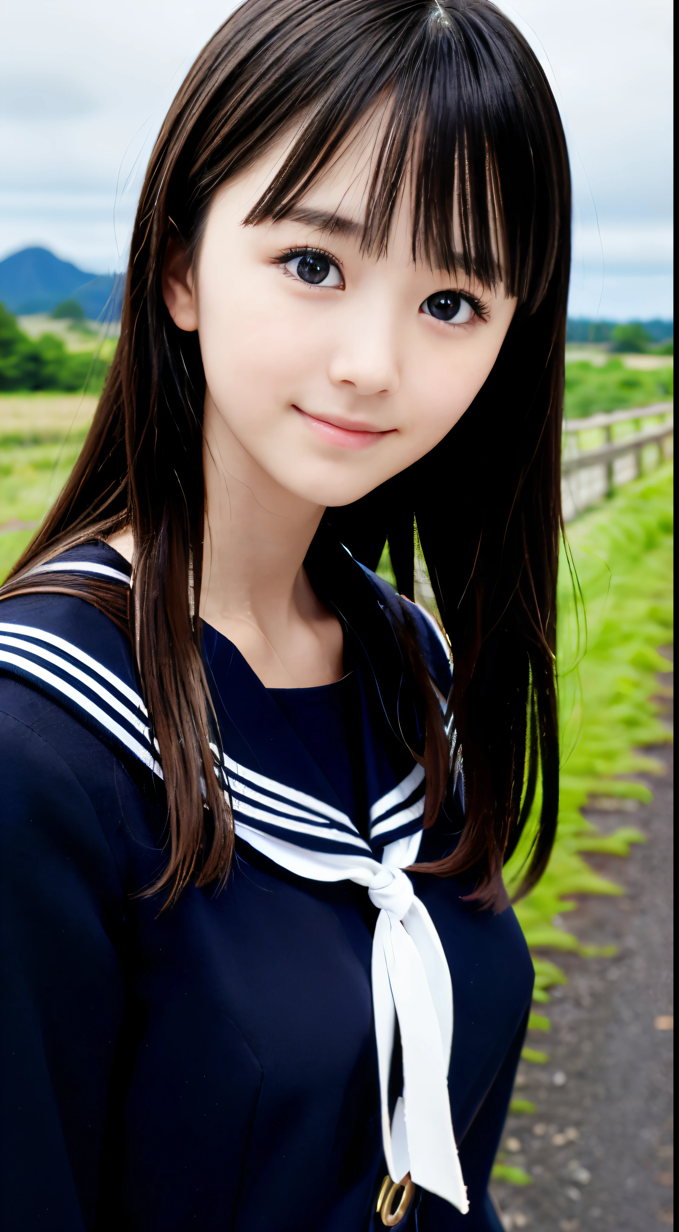 (Close-up portrait of slender small breasted girl、Has very long black hair with blunt bangs in a winter navy sailor suit。 :1.5)、(the girl has cobalt blue eyes:1.5)、(A girl walking with a small smile on a Japanese country road:1.5)、(Blurry background:1.5)、(Perfect Anatomy:1.5)、Photoreal Stick、Raw photography、masutepiece、top-quality、hight resolution、delicate and pretty、face perfect、Delicate and beautiful air skin around the eyes、Real Human Skin、((thin legs))