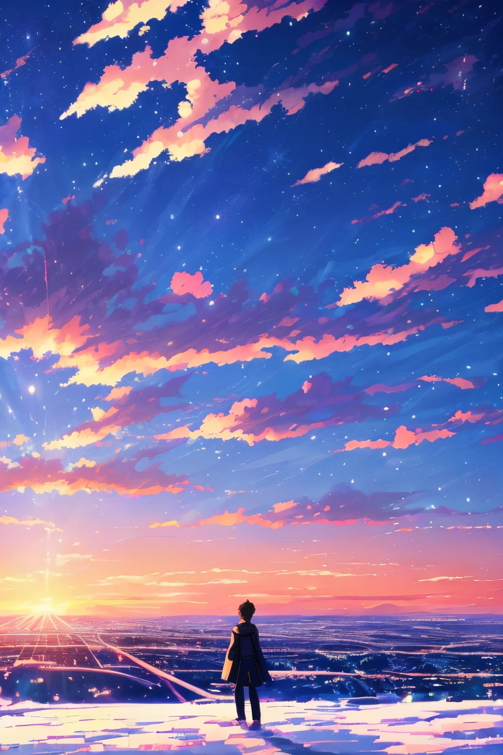 Anime scene where a person stands alone on a snowy field with the sky in the background.、Inspired by Makoto Shinkai&#39;an anime drawing。Writer Makoto Shinkai, beautiful anime scene, Makoto Shinkai Cyril Rowland, anime art wallpaper 4k, anime art wallpaper 4k, Anime Sky, Anime Beautiful Peace Field((((Shinkai Makoto style)), pixiv, Anime Drawing, hight resolution, Red sky, Beautiful scenes), (kosmos, train passing, magic realism, ((Shinkai Makoto style)) ::0.8), [art atmosphere, dark ambiance:0.8, fumo、stele、low angle of view、specular light scattering、Detail Enhancement。Character details are complete。shooting stars、The end of the world、