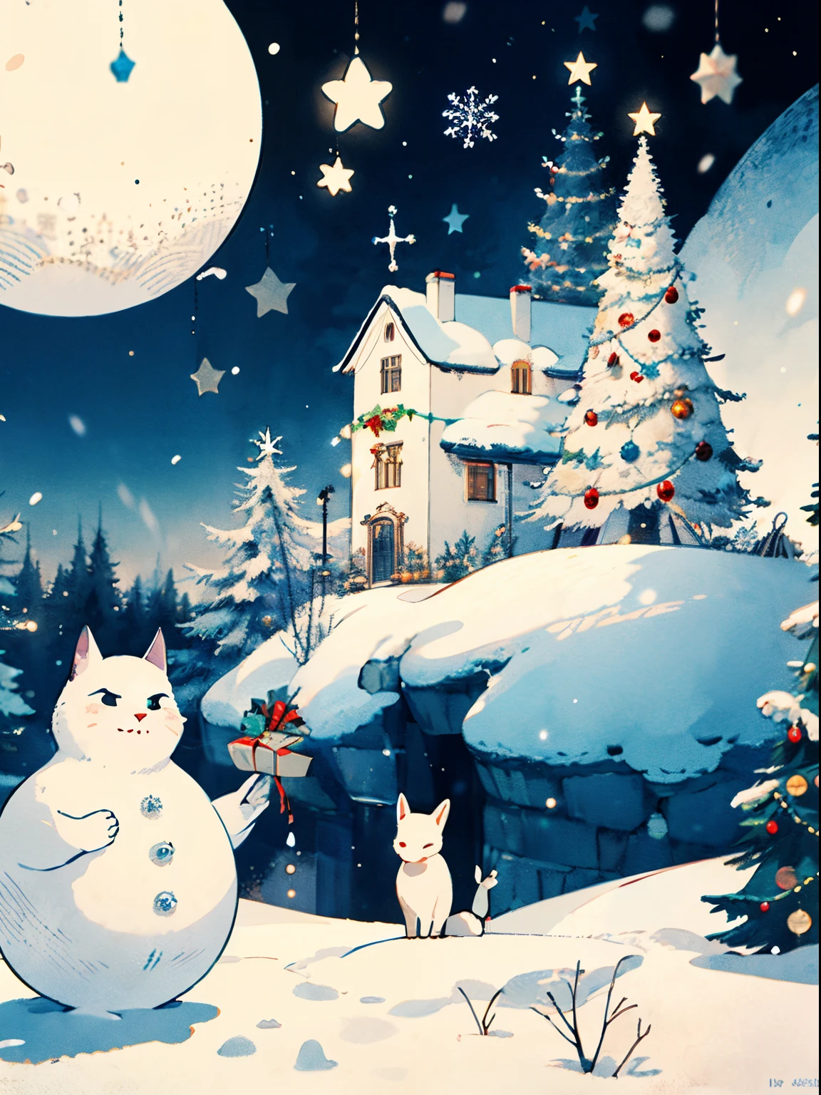 (((Masterpiece))),Best Quality, Whitetown, Russian New Year, Salutes , Bright color, snowing, Christmas tree, balls on the Christmas tree,Santa Claus and the Snow Maiden , snowman