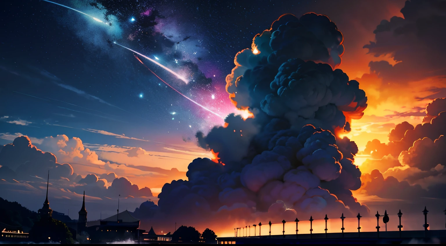 Mare,firestorm,Huge shadows,starrysky,lightning bolt,Cloud fog,trouble,foggy section art,Cinematic,超细节的,artistic lighting effects,Absolutely high quality paintings。