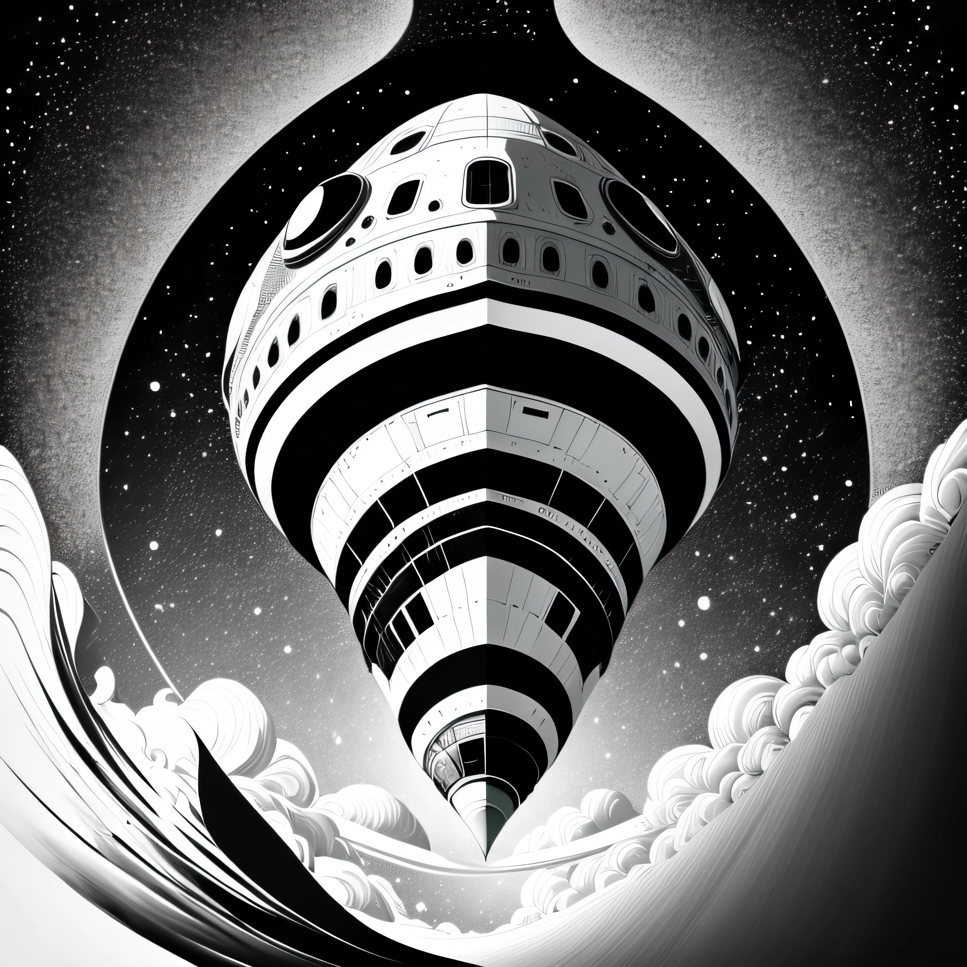 space ship leaving the planet, colors black and white image